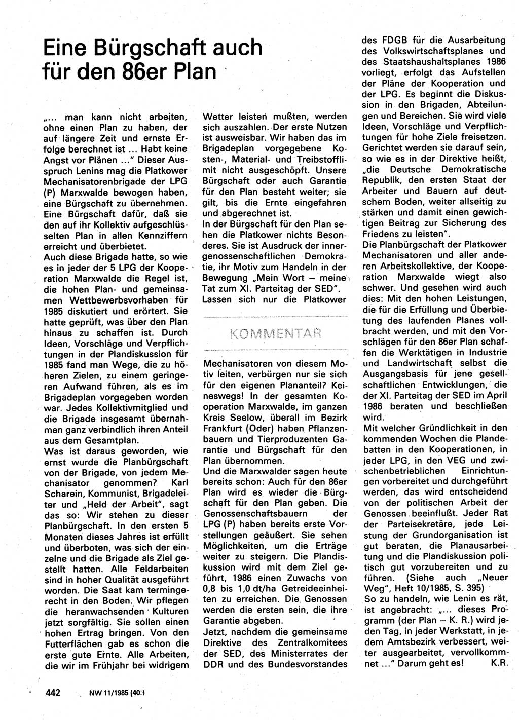 Neuer Weg (NW), Organ des Zentralkomitees (ZK) der SED (Sozialistische Einheitspartei Deutschlands) für Fragen des Parteilebens, 40. Jahrgang [Deutsche Demokratische Republik (DDR)] 1985, Seite 442 (NW ZK SED DDR 1985, S. 442)