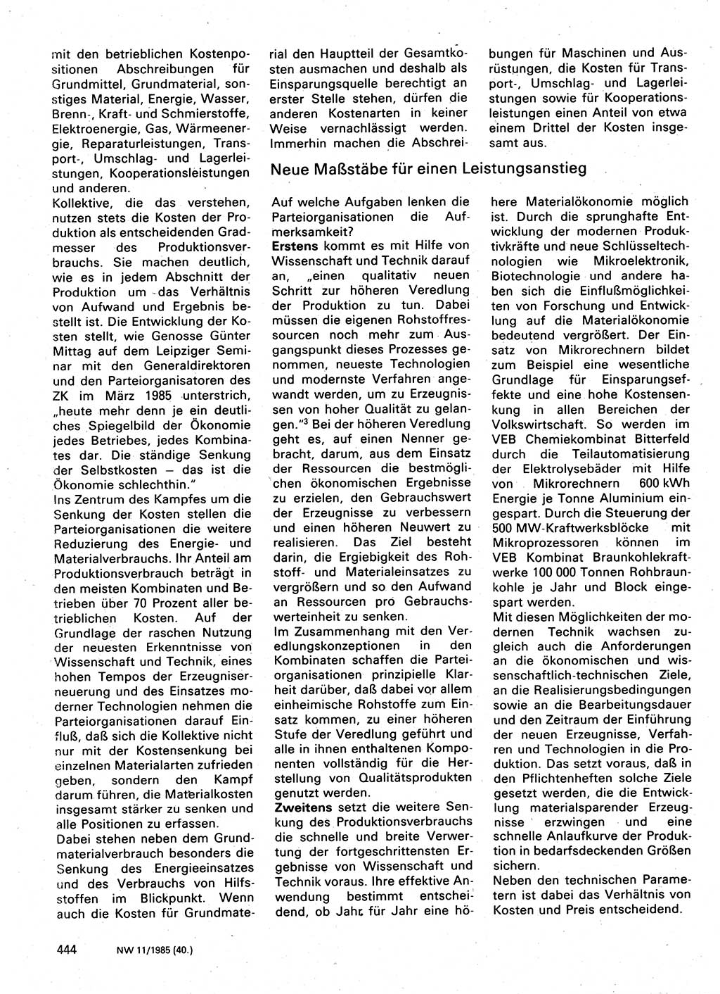 Neuer Weg (NW), Organ des Zentralkomitees (ZK) der SED (Sozialistische Einheitspartei Deutschlands) für Fragen des Parteilebens, 40. Jahrgang [Deutsche Demokratische Republik (DDR)] 1985, Seite 444 (NW ZK SED DDR 1985, S. 444)