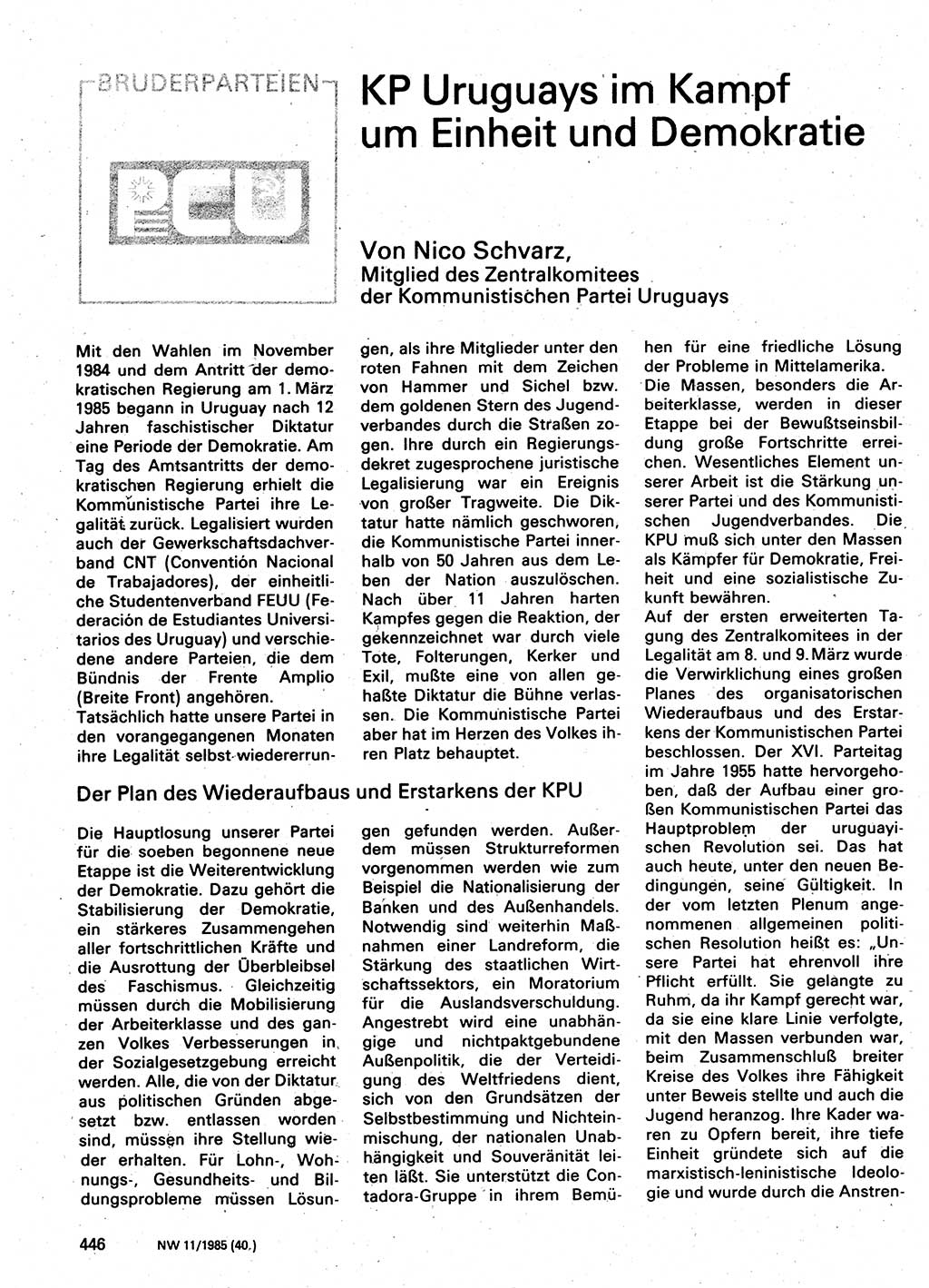 Neuer Weg (NW), Organ des Zentralkomitees (ZK) der SED (Sozialistische Einheitspartei Deutschlands) für Fragen des Parteilebens, 40. Jahrgang [Deutsche Demokratische Republik (DDR)] 1985, Seite 446 (NW ZK SED DDR 1985, S. 446)