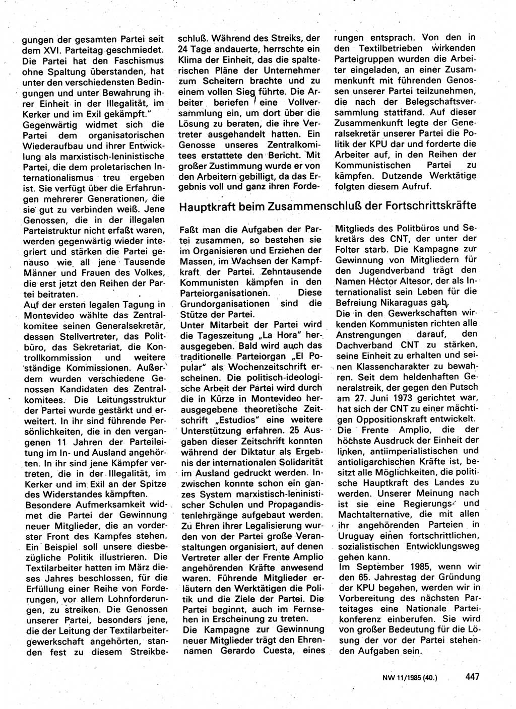 Neuer Weg (NW), Organ des Zentralkomitees (ZK) der SED (Sozialistische Einheitspartei Deutschlands) fÃ¼r Fragen des Parteilebens, 40. Jahrgang [Deutsche Demokratische Republik (DDR)] 1985, Seite 447 (NW ZK SED DDR 1985, S. 447)