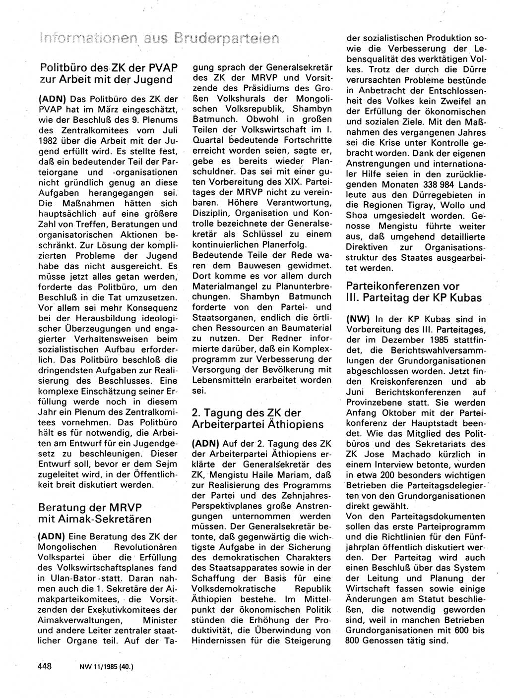 Neuer Weg (NW), Organ des Zentralkomitees (ZK) der SED (Sozialistische Einheitspartei Deutschlands) für Fragen des Parteilebens, 40. Jahrgang [Deutsche Demokratische Republik (DDR)] 1985, Seite 448 (NW ZK SED DDR 1985, S. 448)