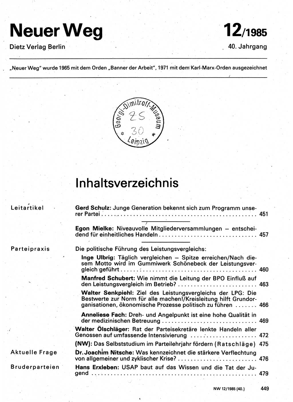 Neuer Weg (NW), Organ des Zentralkomitees (ZK) der SED (Sozialistische Einheitspartei Deutschlands) für Fragen des Parteilebens, 40. Jahrgang [Deutsche Demokratische Republik (DDR)] 1985, Seite 449 (NW ZK SED DDR 1985, S. 449)