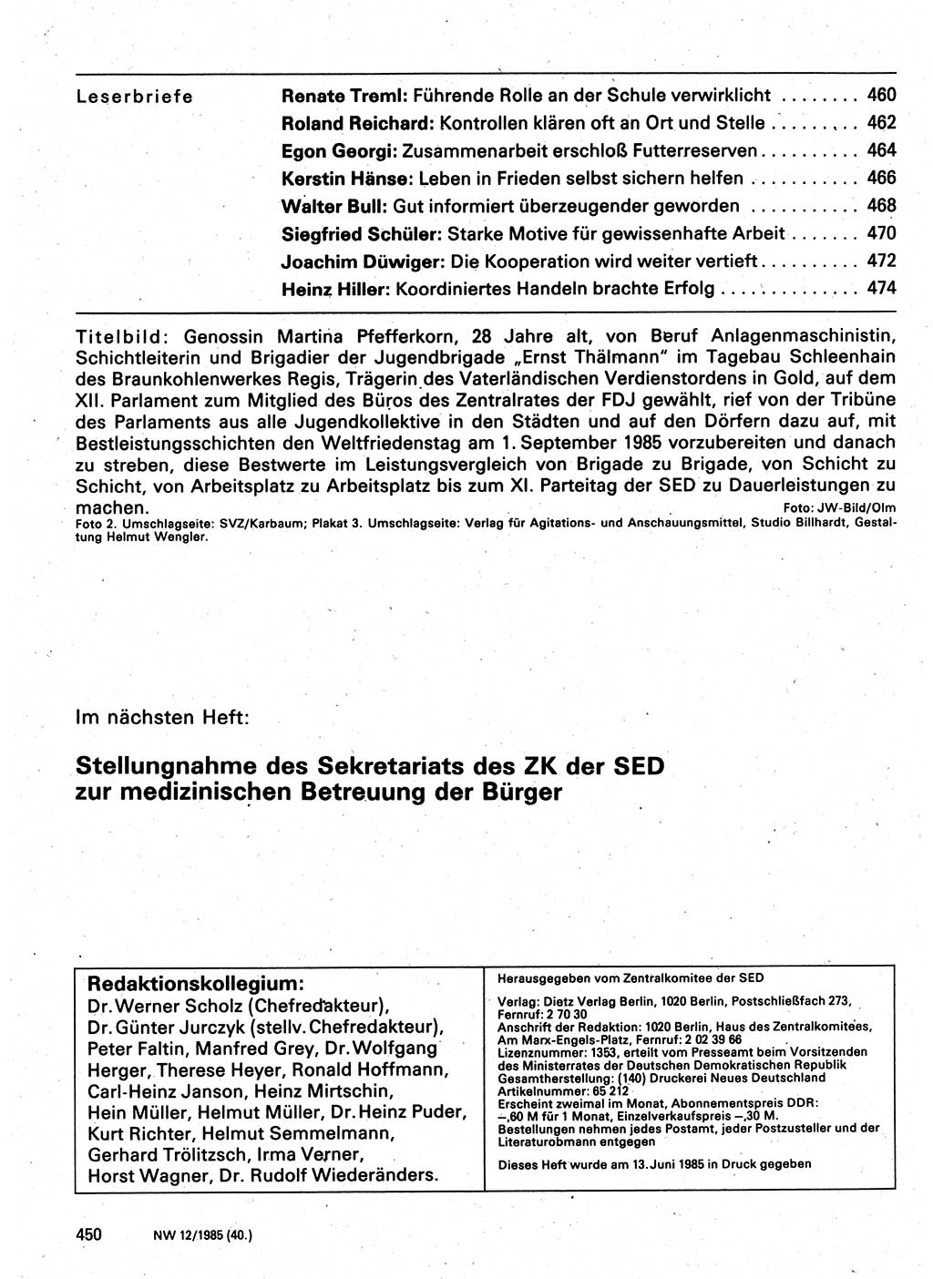 Neuer Weg (NW), Organ des Zentralkomitees (ZK) der SED (Sozialistische Einheitspartei Deutschlands) für Fragen des Parteilebens, 40. Jahrgang [Deutsche Demokratische Republik (DDR)] 1985, Seite 450 (NW ZK SED DDR 1985, S. 450)