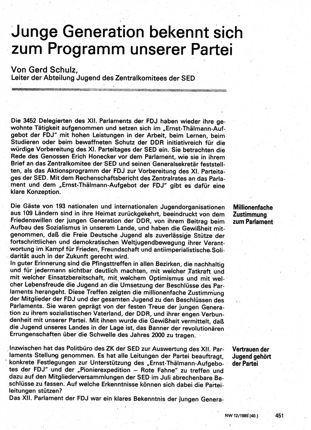 Neuer Weg (NW), Organ des Zentralkomitees (ZK) der SED (Sozialistische Einheitspartei Deutschlands) für Fragen des Parteilebens, 40. Jahrgang [Deutsche Demokratische Republik (DDR)] 1985, Seite 451 (NW ZK SED DDR 1985, S. 451)