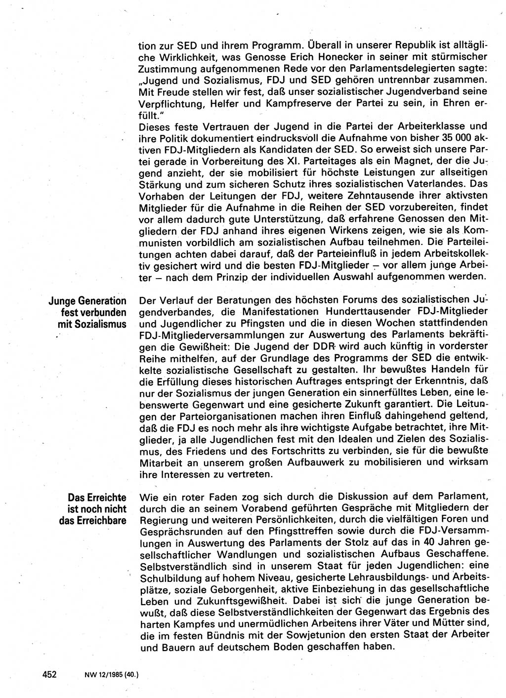 Neuer Weg (NW), Organ des Zentralkomitees (ZK) der SED (Sozialistische Einheitspartei Deutschlands) für Fragen des Parteilebens, 40. Jahrgang [Deutsche Demokratische Republik (DDR)] 1985, Seite 452 (NW ZK SED DDR 1985, S. 452)