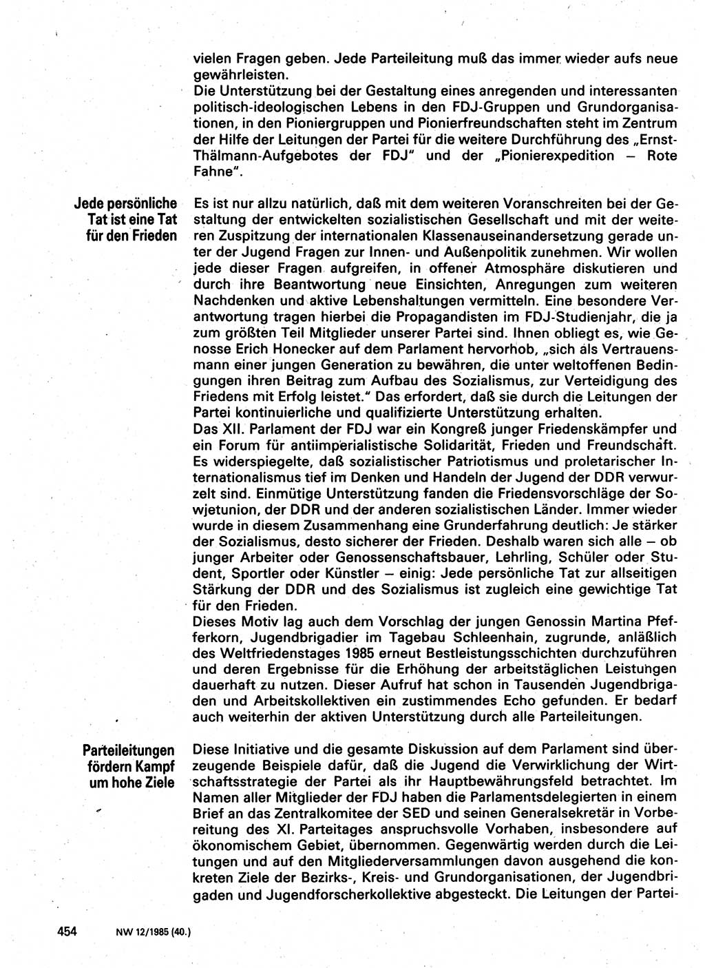 Neuer Weg (NW), Organ des Zentralkomitees (ZK) der SED (Sozialistische Einheitspartei Deutschlands) für Fragen des Parteilebens, 40. Jahrgang [Deutsche Demokratische Republik (DDR)] 1985, Seite 454 (NW ZK SED DDR 1985, S. 454)