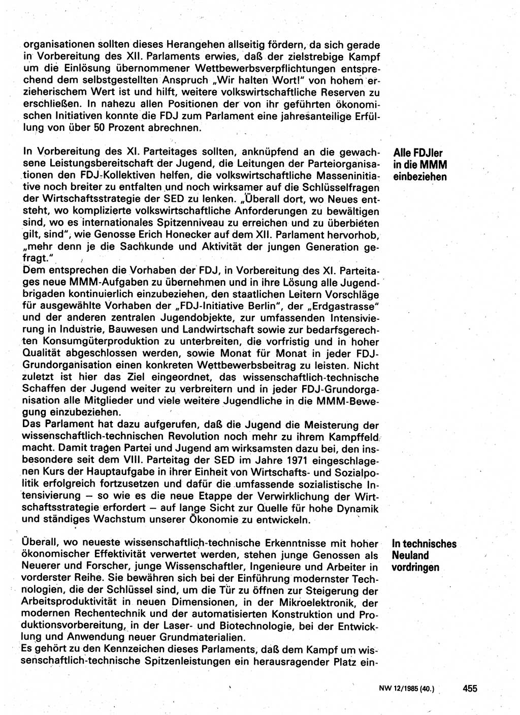 Neuer Weg (NW), Organ des Zentralkomitees (ZK) der SED (Sozialistische Einheitspartei Deutschlands) für Fragen des Parteilebens, 40. Jahrgang [Deutsche Demokratische Republik (DDR)] 1985, Seite 455 (NW ZK SED DDR 1985, S. 455)