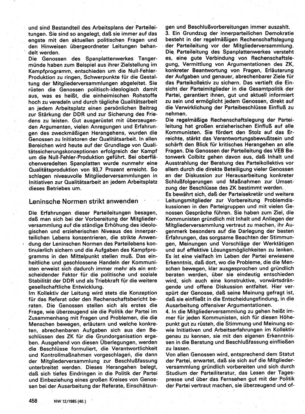 Neuer Weg (NW), Organ des Zentralkomitees (ZK) der SED (Sozialistische Einheitspartei Deutschlands) für Fragen des Parteilebens, 40. Jahrgang [Deutsche Demokratische Republik (DDR)] 1985, Seite 458 (NW ZK SED DDR 1985, S. 458)