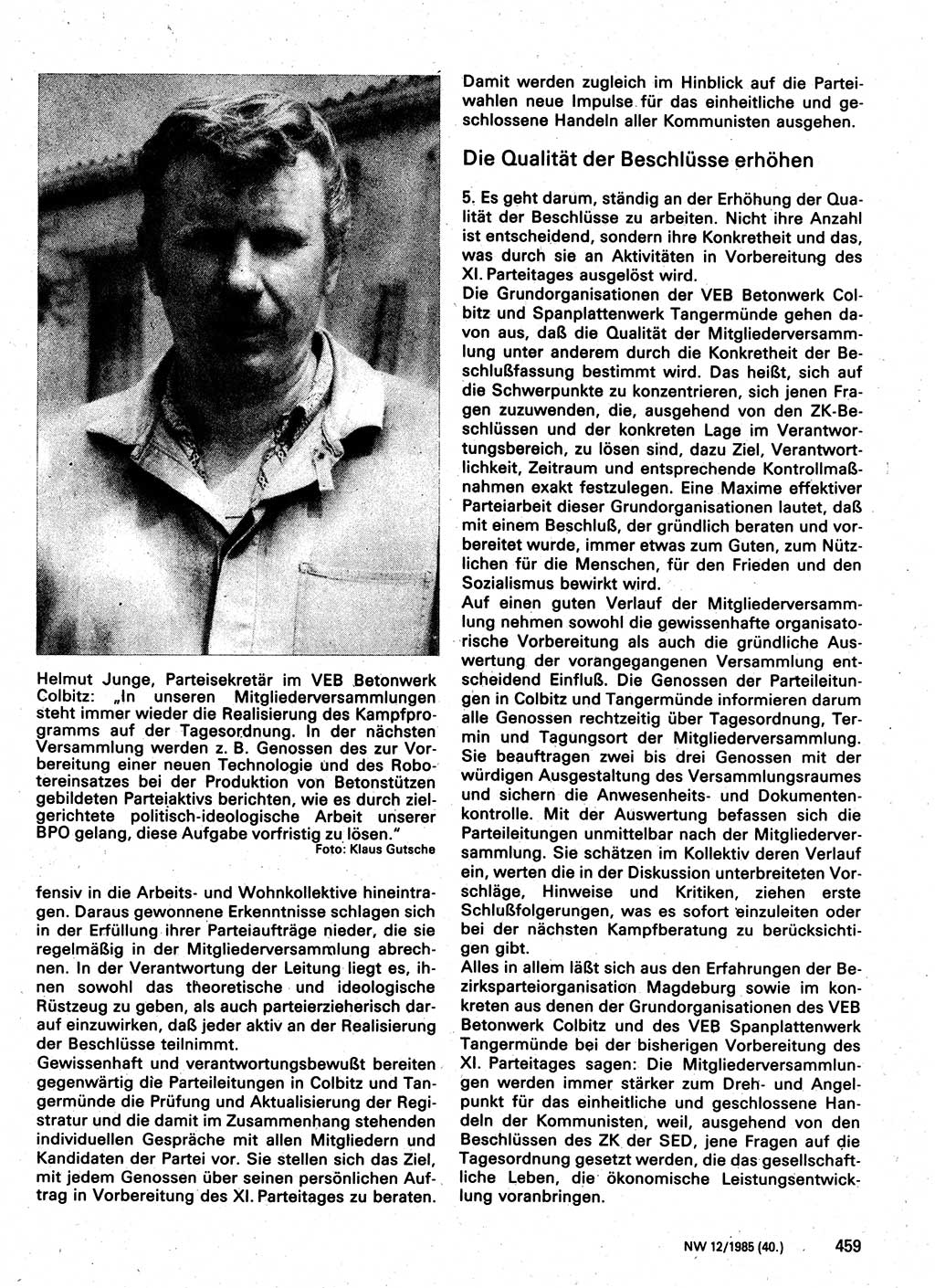 Neuer Weg (NW), Organ des Zentralkomitees (ZK) der SED (Sozialistische Einheitspartei Deutschlands) für Fragen des Parteilebens, 40. Jahrgang [Deutsche Demokratische Republik (DDR)] 1985, Seite 459 (NW ZK SED DDR 1985, S. 459)