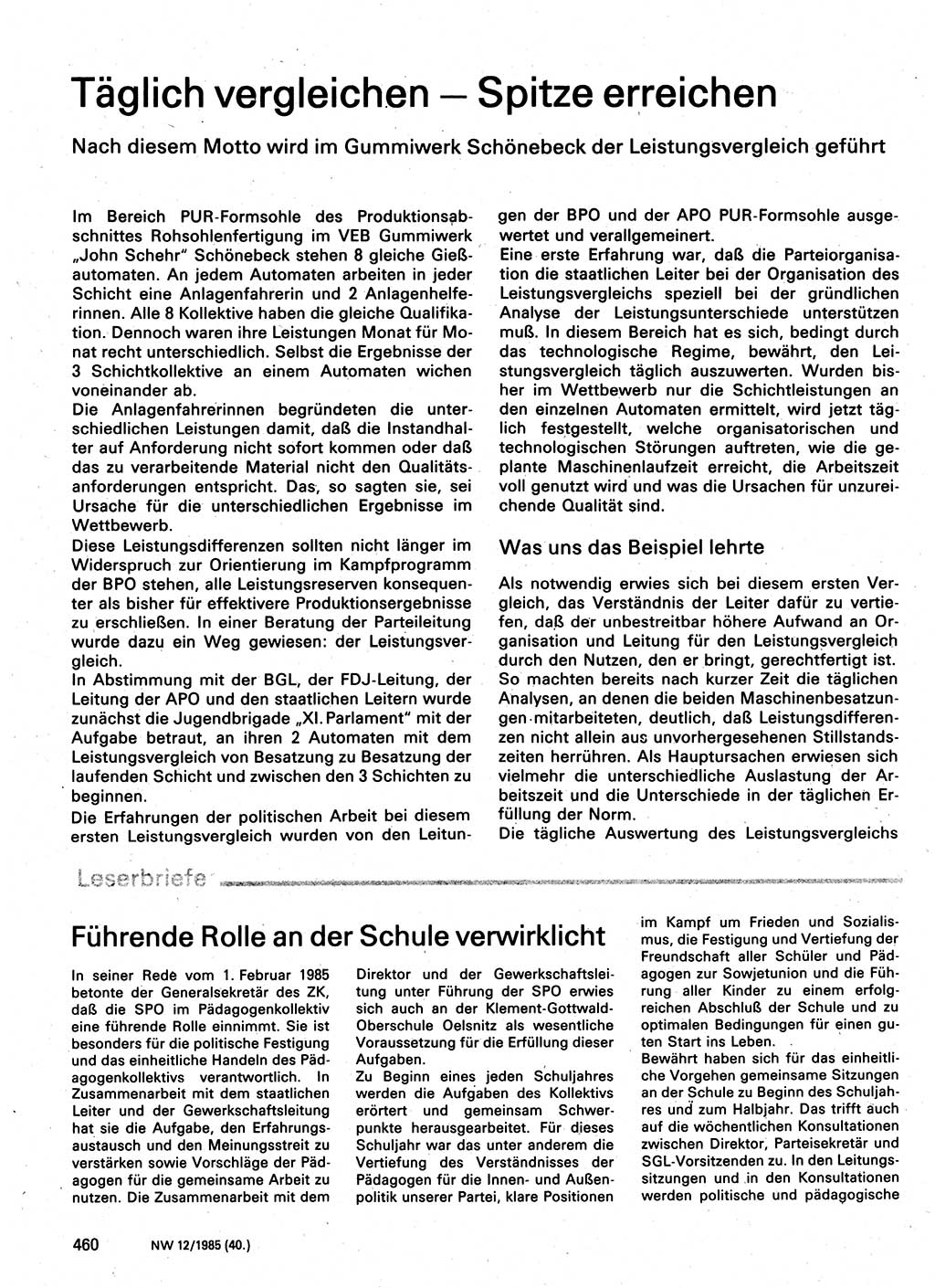 Neuer Weg (NW), Organ des Zentralkomitees (ZK) der SED (Sozialistische Einheitspartei Deutschlands) für Fragen des Parteilebens, 40. Jahrgang [Deutsche Demokratische Republik (DDR)] 1985, Seite 460 (NW ZK SED DDR 1985, S. 460)