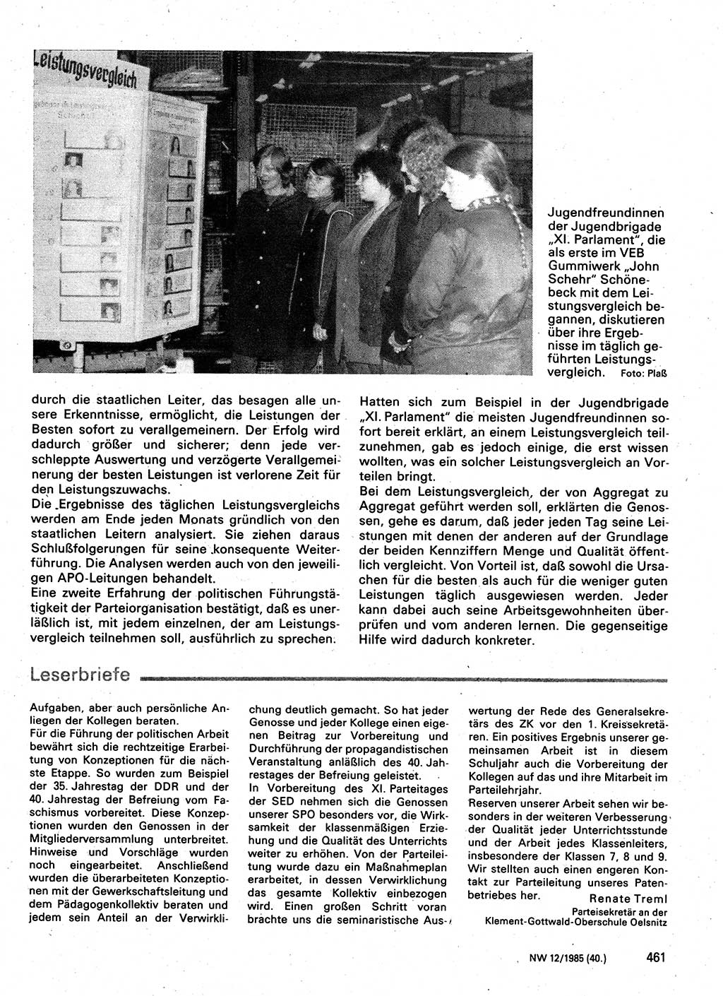 Neuer Weg (NW), Organ des Zentralkomitees (ZK) der SED (Sozialistische Einheitspartei Deutschlands) für Fragen des Parteilebens, 40. Jahrgang [Deutsche Demokratische Republik (DDR)] 1985, Seite 461 (NW ZK SED DDR 1985, S. 461)