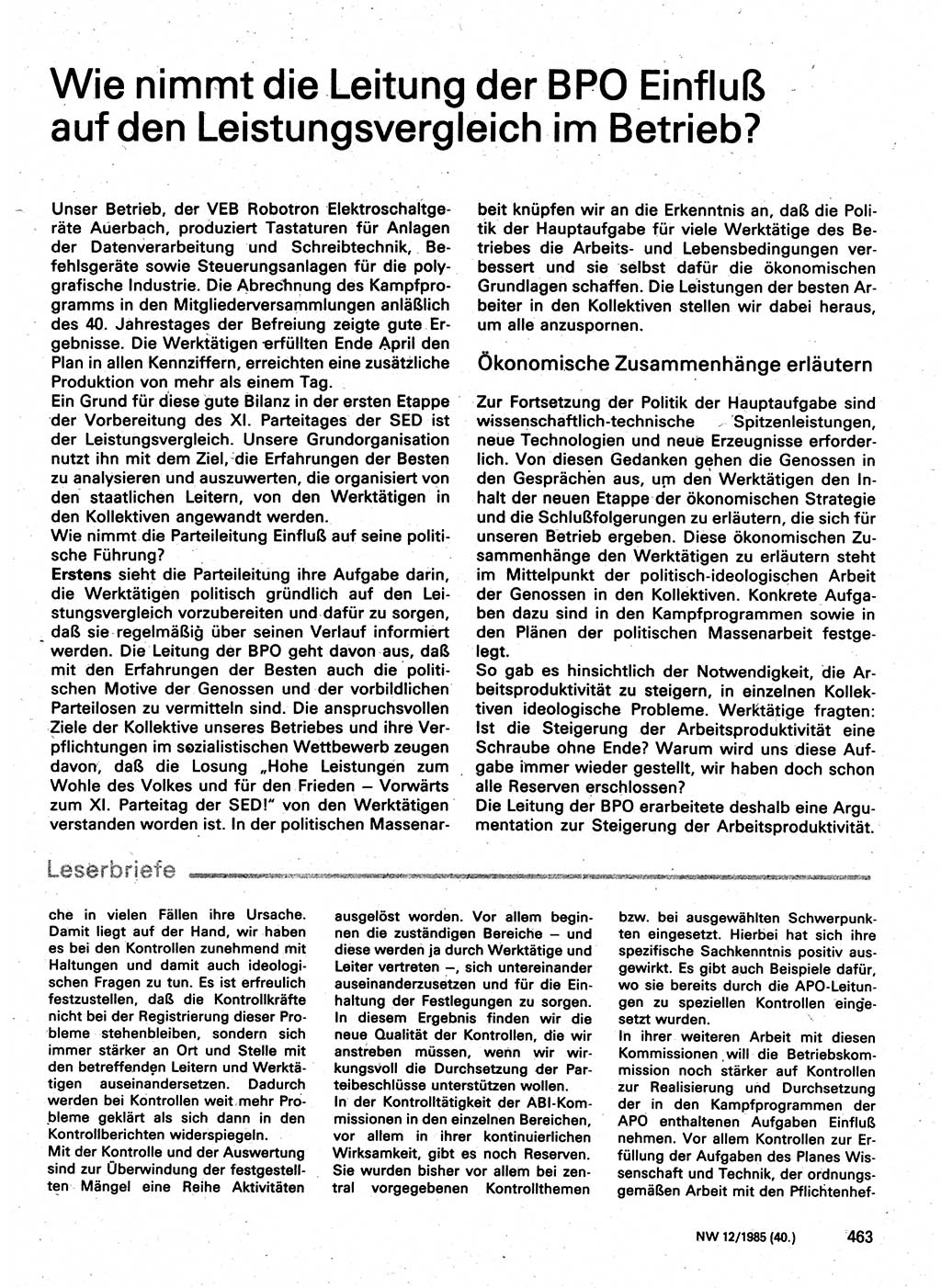 Neuer Weg (NW), Organ des Zentralkomitees (ZK) der SED (Sozialistische Einheitspartei Deutschlands) für Fragen des Parteilebens, 40. Jahrgang [Deutsche Demokratische Republik (DDR)] 1985, Seite 463 (NW ZK SED DDR 1985, S. 463)