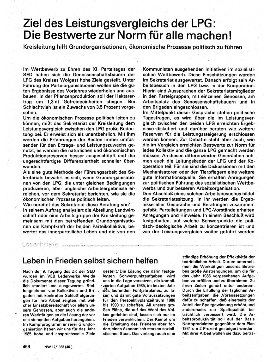 Neuer Weg (NW), Organ des Zentralkomitees (ZK) der SED (Sozialistische Einheitspartei Deutschlands) für Fragen des Parteilebens, 40. Jahrgang [Deutsche Demokratische Republik (DDR)] 1985, Seite 466 (NW ZK SED DDR 1985, S. 466)