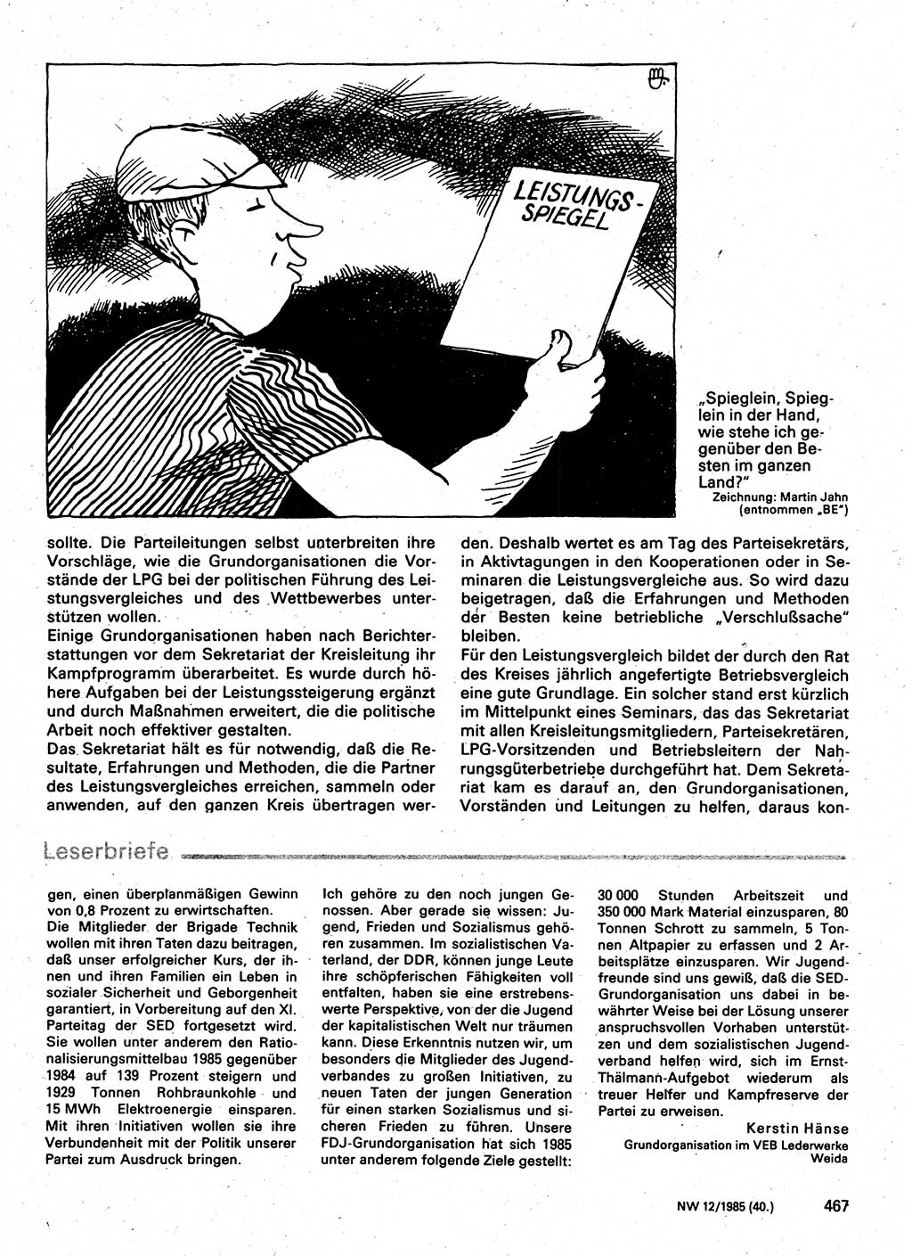 Neuer Weg (NW), Organ des Zentralkomitees (ZK) der SED (Sozialistische Einheitspartei Deutschlands) für Fragen des Parteilebens, 40. Jahrgang [Deutsche Demokratische Republik (DDR)] 1985, Seite 467 (NW ZK SED DDR 1985, S. 467)