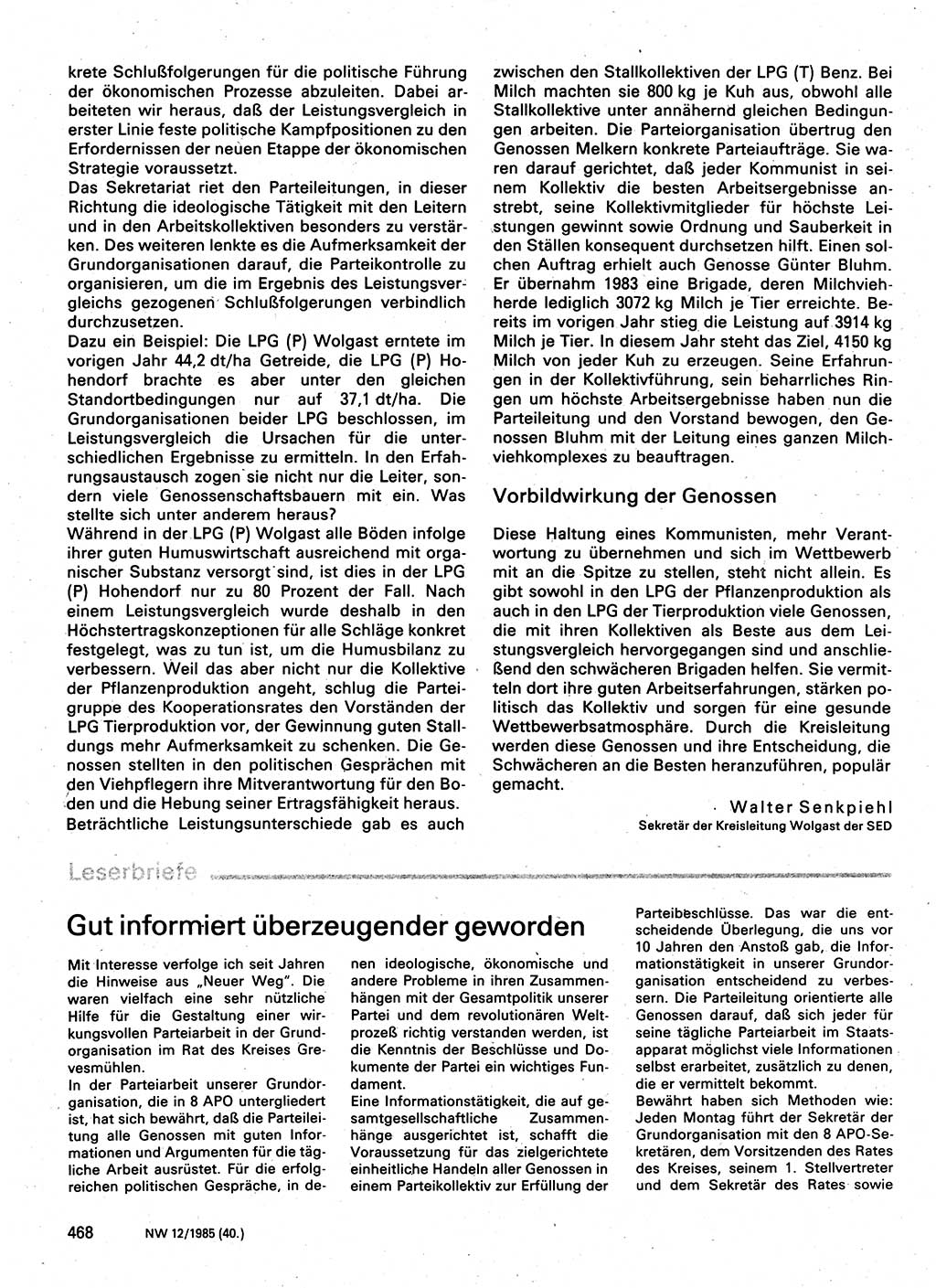 Neuer Weg (NW), Organ des Zentralkomitees (ZK) der SED (Sozialistische Einheitspartei Deutschlands) für Fragen des Parteilebens, 40. Jahrgang [Deutsche Demokratische Republik (DDR)] 1985, Seite 468 (NW ZK SED DDR 1985, S. 468)