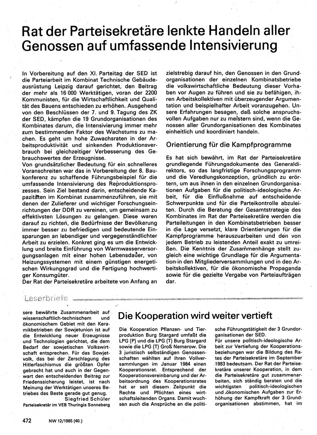 Neuer Weg (NW), Organ des Zentralkomitees (ZK) der SED (Sozialistische Einheitspartei Deutschlands) für Fragen des Parteilebens, 40. Jahrgang [Deutsche Demokratische Republik (DDR)] 1985, Seite 472 (NW ZK SED DDR 1985, S. 472)