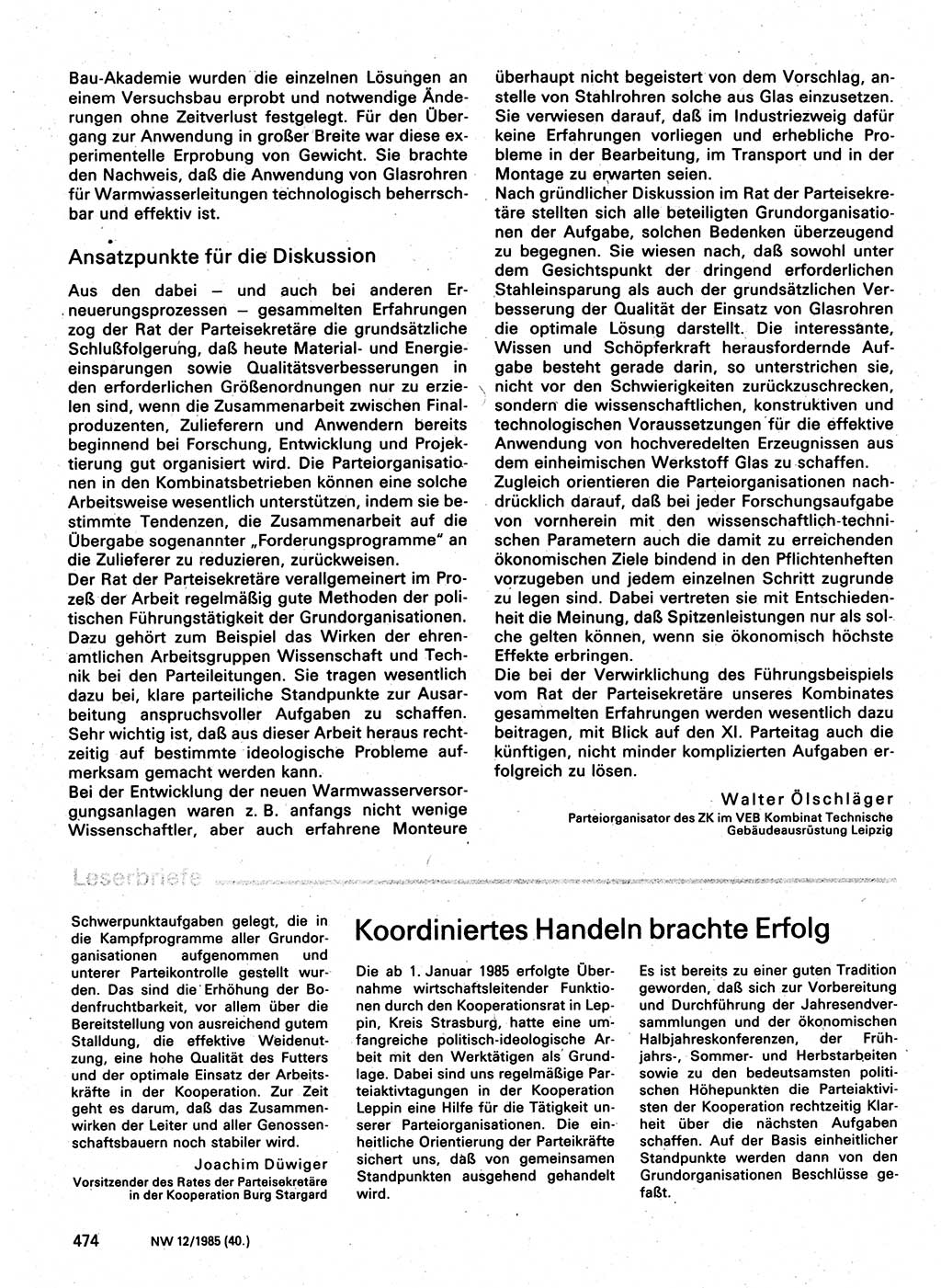 Neuer Weg (NW), Organ des Zentralkomitees (ZK) der SED (Sozialistische Einheitspartei Deutschlands) für Fragen des Parteilebens, 40. Jahrgang [Deutsche Demokratische Republik (DDR)] 1985, Seite 474 (NW ZK SED DDR 1985, S. 474)