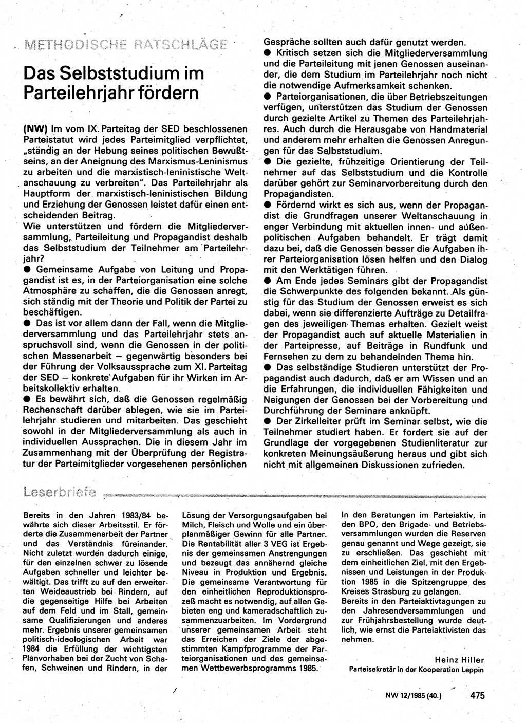 Neuer Weg (NW), Organ des Zentralkomitees (ZK) der SED (Sozialistische Einheitspartei Deutschlands) für Fragen des Parteilebens, 40. Jahrgang [Deutsche Demokratische Republik (DDR)] 1985, Seite 475 (NW ZK SED DDR 1985, S. 475)