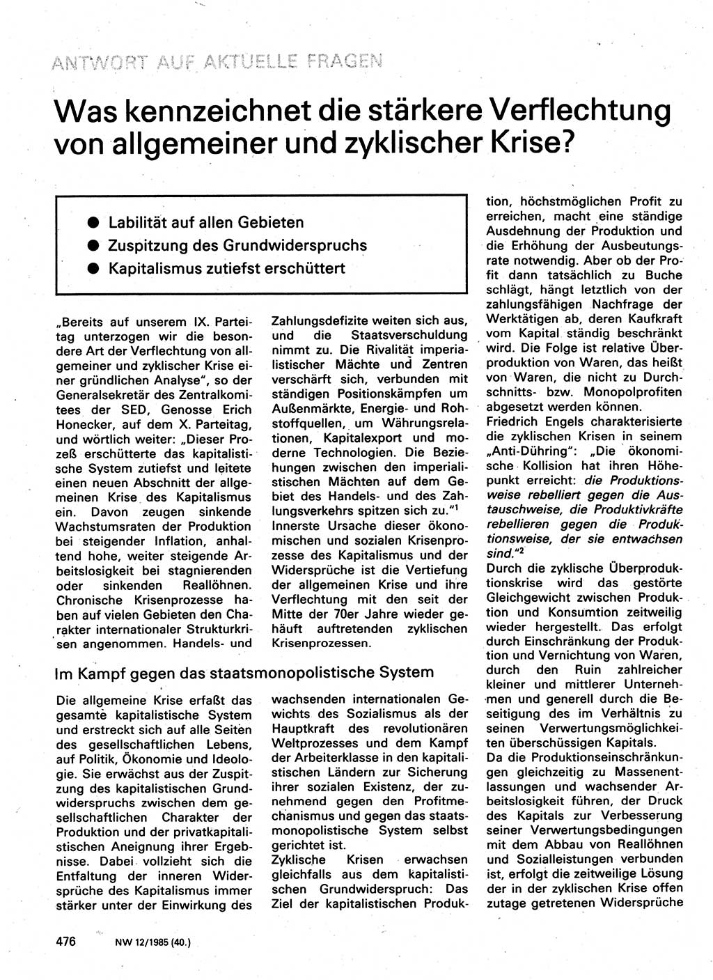 Neuer Weg (NW), Organ des Zentralkomitees (ZK) der SED (Sozialistische Einheitspartei Deutschlands) für Fragen des Parteilebens, 40. Jahrgang [Deutsche Demokratische Republik (DDR)] 1985, Seite 476 (NW ZK SED DDR 1985, S. 476)