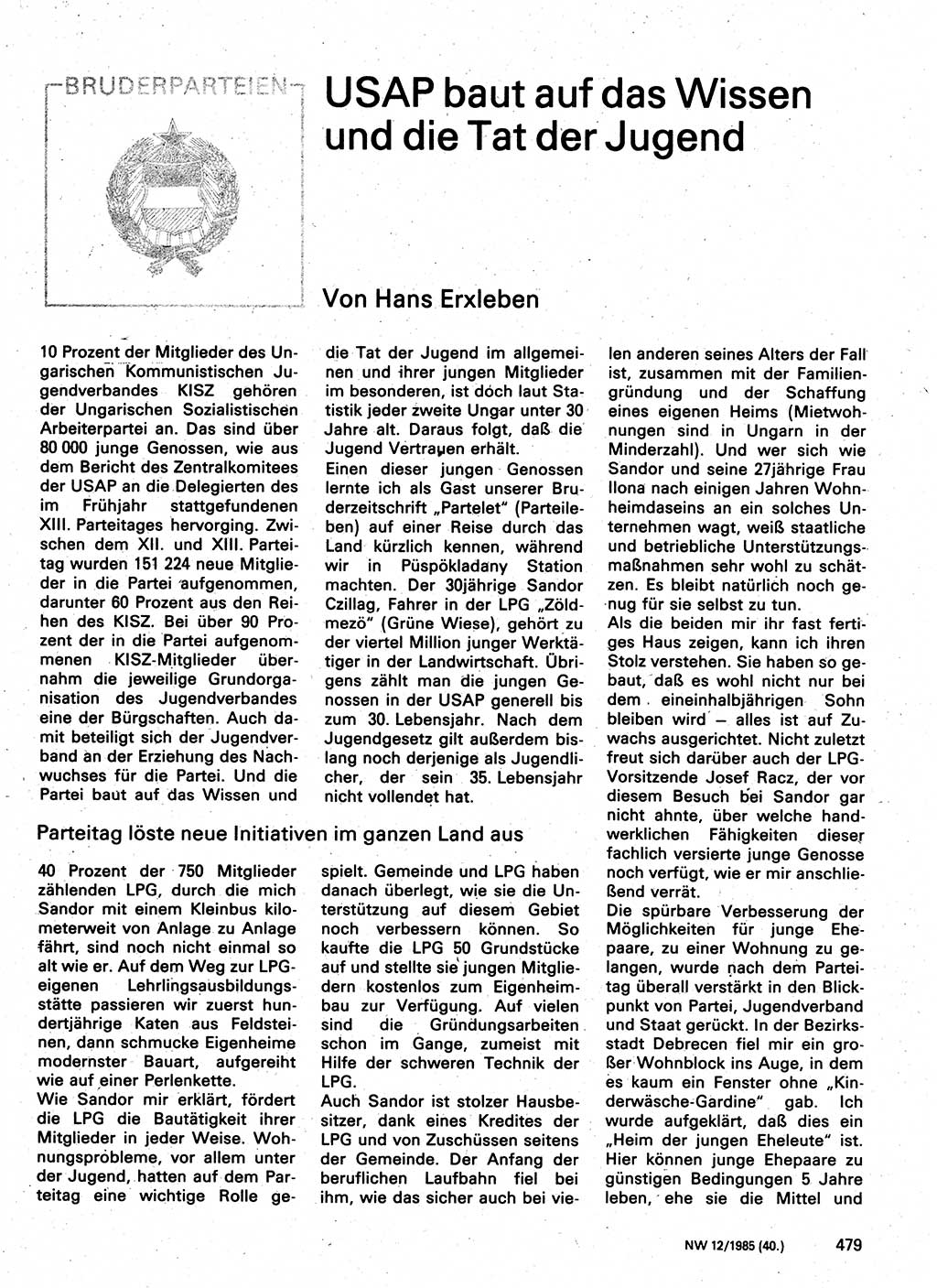 Neuer Weg (NW), Organ des Zentralkomitees (ZK) der SED (Sozialistische Einheitspartei Deutschlands) für Fragen des Parteilebens, 40. Jahrgang [Deutsche Demokratische Republik (DDR)] 1985, Seite 479 (NW ZK SED DDR 1985, S. 479)