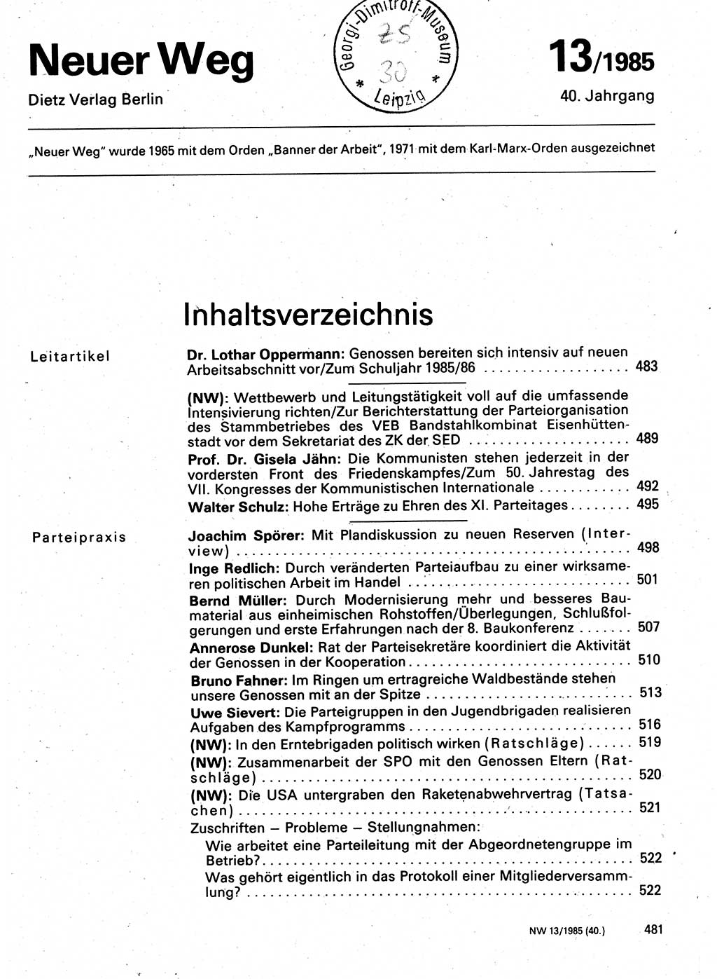 Neuer Weg (NW), Organ des Zentralkomitees (ZK) der SED (Sozialistische Einheitspartei Deutschlands) für Fragen des Parteilebens, 40. Jahrgang [Deutsche Demokratische Republik (DDR)] 1985, Seite 481 (NW ZK SED DDR 1985, S. 481)