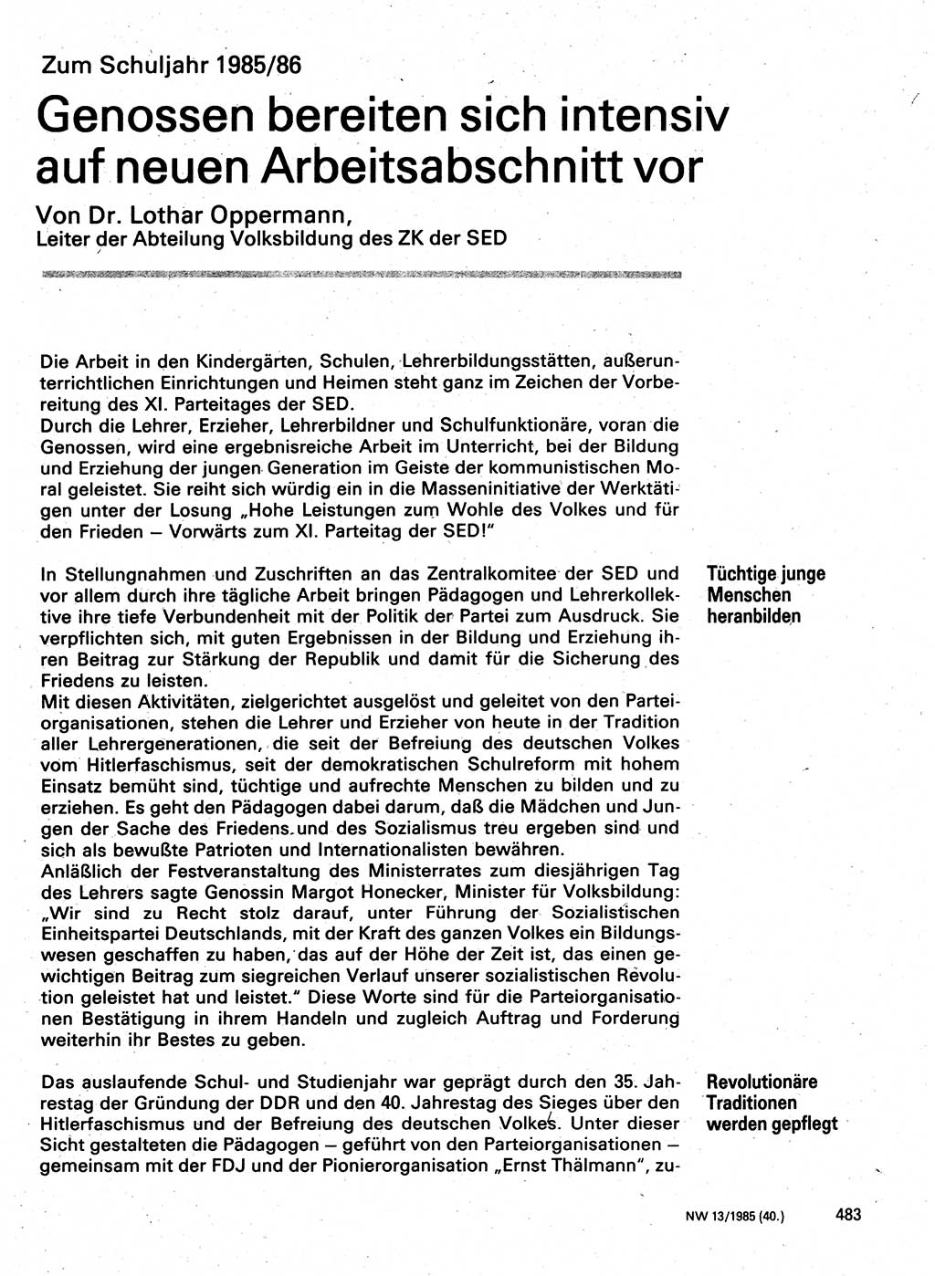 Neuer Weg (NW), Organ des Zentralkomitees (ZK) der SED (Sozialistische Einheitspartei Deutschlands) für Fragen des Parteilebens, 40. Jahrgang [Deutsche Demokratische Republik (DDR)] 1985, Seite 483 (NW ZK SED DDR 1985, S. 483)