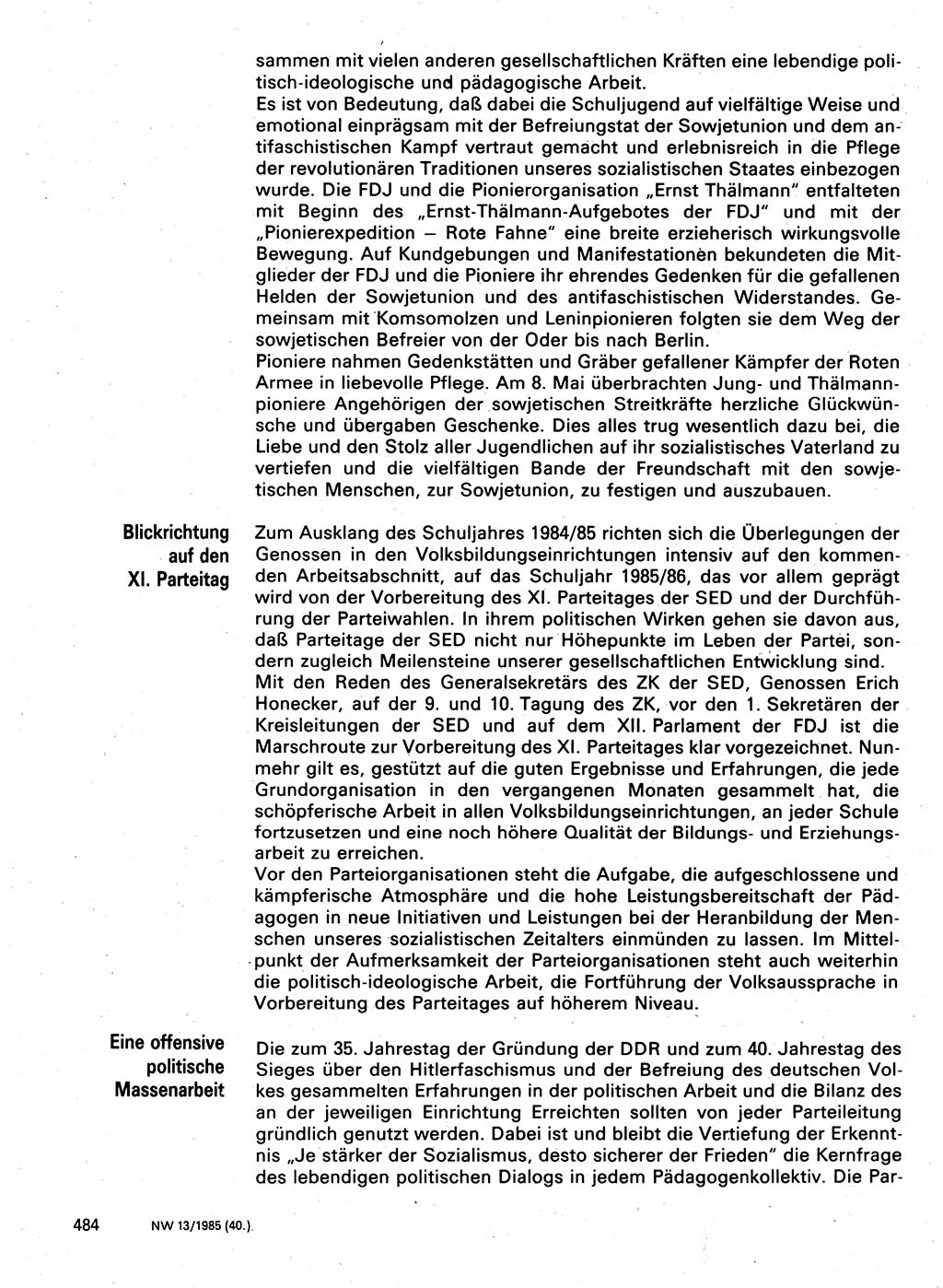 Neuer Weg (NW), Organ des Zentralkomitees (ZK) der SED (Sozialistische Einheitspartei Deutschlands) für Fragen des Parteilebens, 40. Jahrgang [Deutsche Demokratische Republik (DDR)] 1985, Seite 484 (NW ZK SED DDR 1985, S. 484)