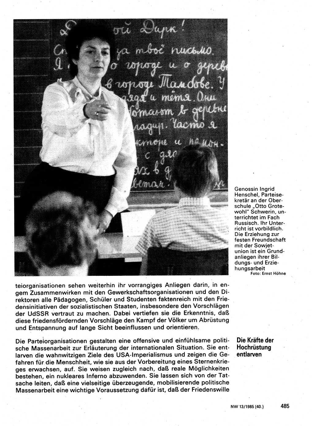 Neuer Weg (NW), Organ des Zentralkomitees (ZK) der SED (Sozialistische Einheitspartei Deutschlands) für Fragen des Parteilebens, 40. Jahrgang [Deutsche Demokratische Republik (DDR)] 1985, Seite 485 (NW ZK SED DDR 1985, S. 485)