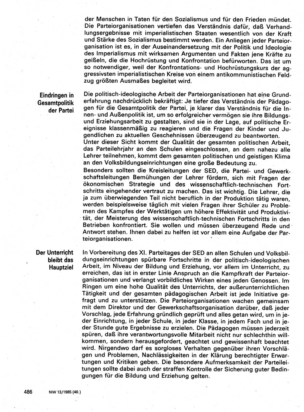 Neuer Weg (NW), Organ des Zentralkomitees (ZK) der SED (Sozialistische Einheitspartei Deutschlands) für Fragen des Parteilebens, 40. Jahrgang [Deutsche Demokratische Republik (DDR)] 1985, Seite 486 (NW ZK SED DDR 1985, S. 486)
