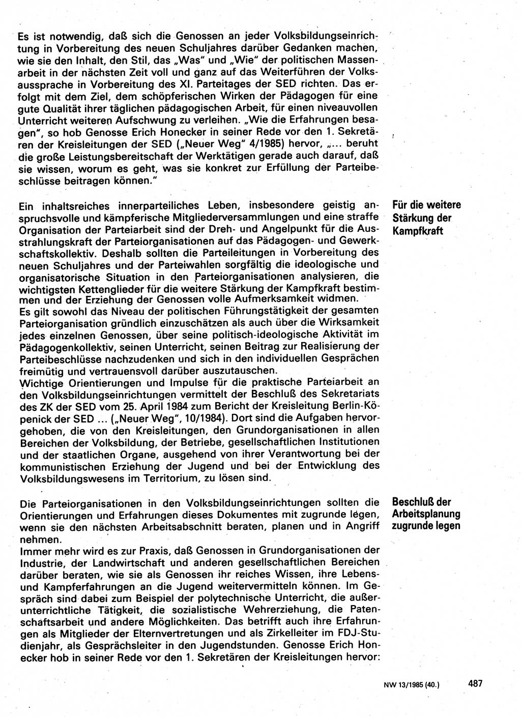 Neuer Weg (NW), Organ des Zentralkomitees (ZK) der SED (Sozialistische Einheitspartei Deutschlands) für Fragen des Parteilebens, 40. Jahrgang [Deutsche Demokratische Republik (DDR)] 1985, Seite 487 (NW ZK SED DDR 1985, S. 487)