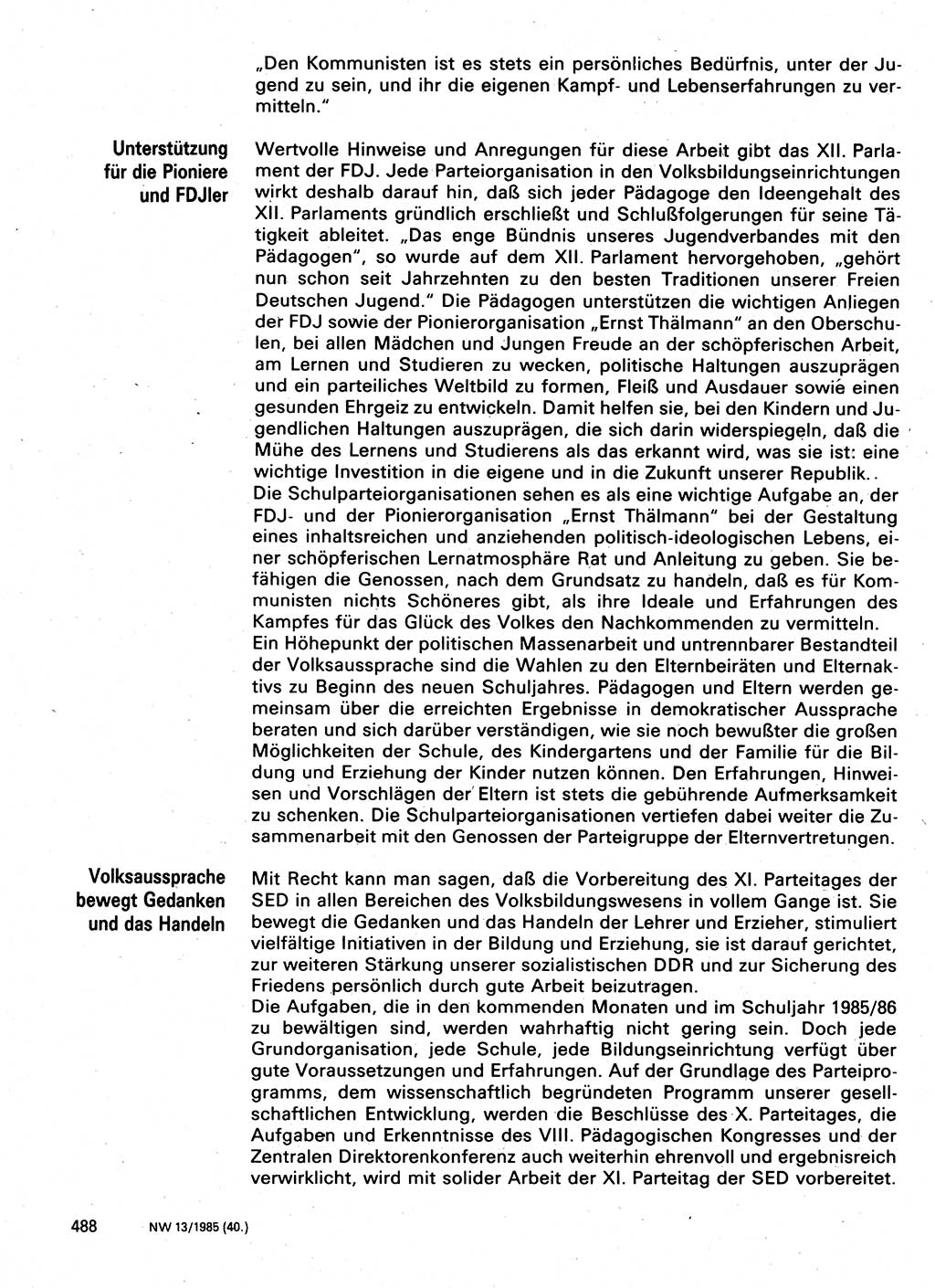 Neuer Weg (NW), Organ des Zentralkomitees (ZK) der SED (Sozialistische Einheitspartei Deutschlands) für Fragen des Parteilebens, 40. Jahrgang [Deutsche Demokratische Republik (DDR)] 1985, Seite 488 (NW ZK SED DDR 1985, S. 488)