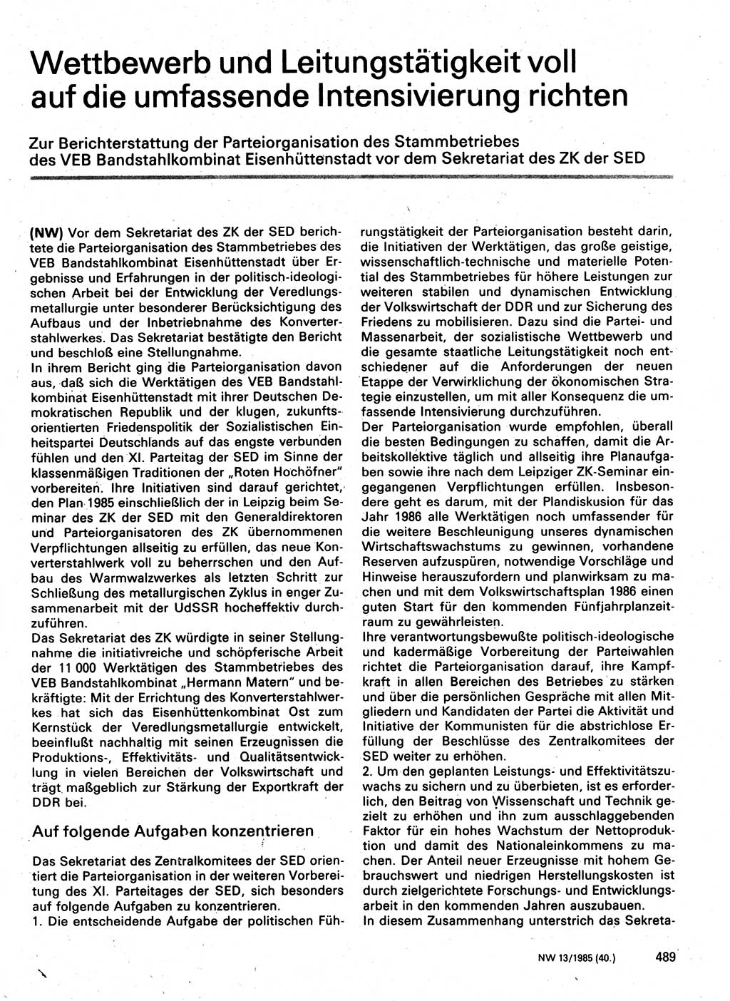 Neuer Weg (NW), Organ des Zentralkomitees (ZK) der SED (Sozialistische Einheitspartei Deutschlands) für Fragen des Parteilebens, 40. Jahrgang [Deutsche Demokratische Republik (DDR)] 1985, Seite 489 (NW ZK SED DDR 1985, S. 489)