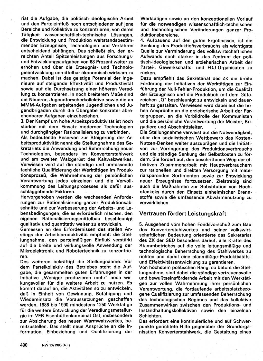 Neuer Weg (NW), Organ des Zentralkomitees (ZK) der SED (Sozialistische Einheitspartei Deutschlands) für Fragen des Parteilebens, 40. Jahrgang [Deutsche Demokratische Republik (DDR)] 1985, Seite 490 (NW ZK SED DDR 1985, S. 490)