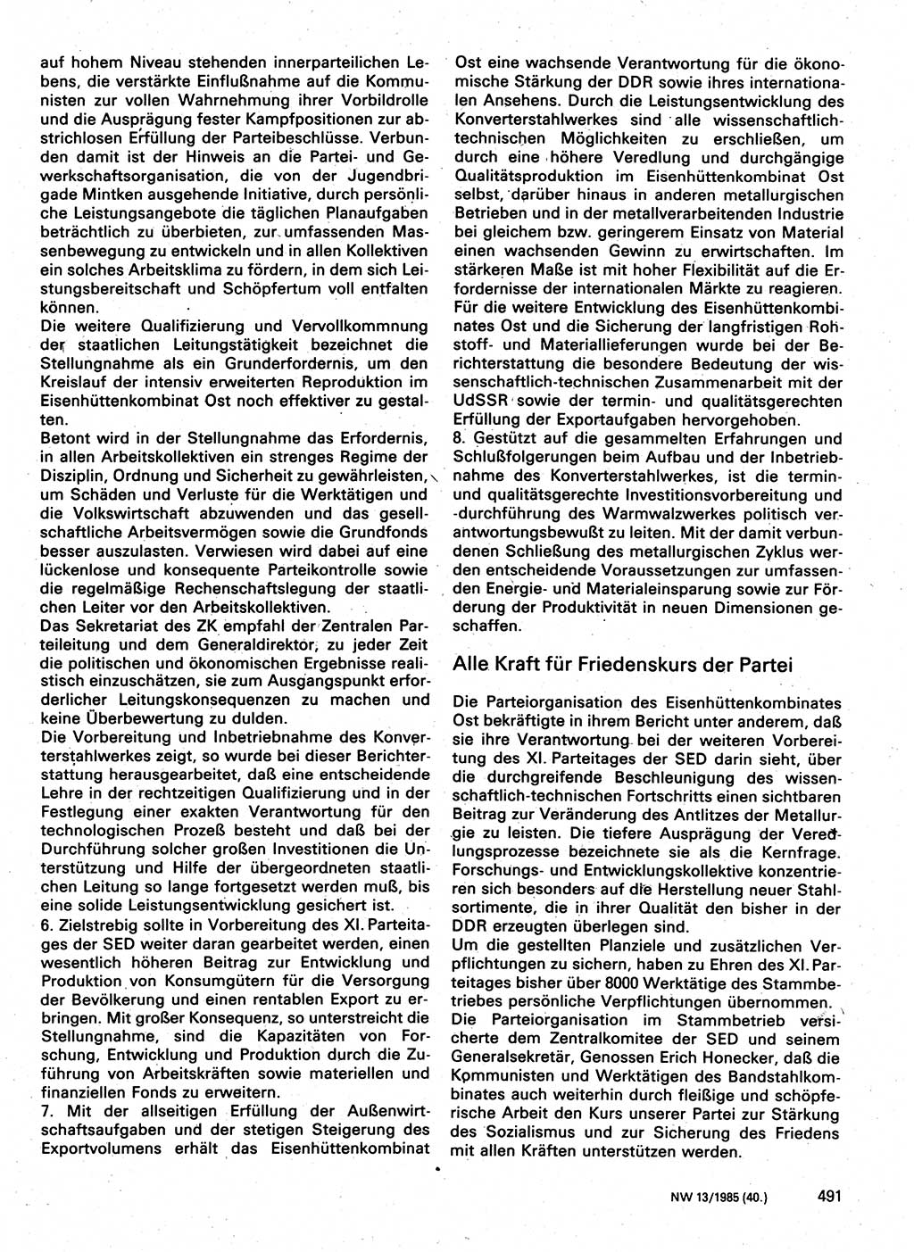 Neuer Weg (NW), Organ des Zentralkomitees (ZK) der SED (Sozialistische Einheitspartei Deutschlands) für Fragen des Parteilebens, 40. Jahrgang [Deutsche Demokratische Republik (DDR)] 1985, Seite 491 (NW ZK SED DDR 1985, S. 491)