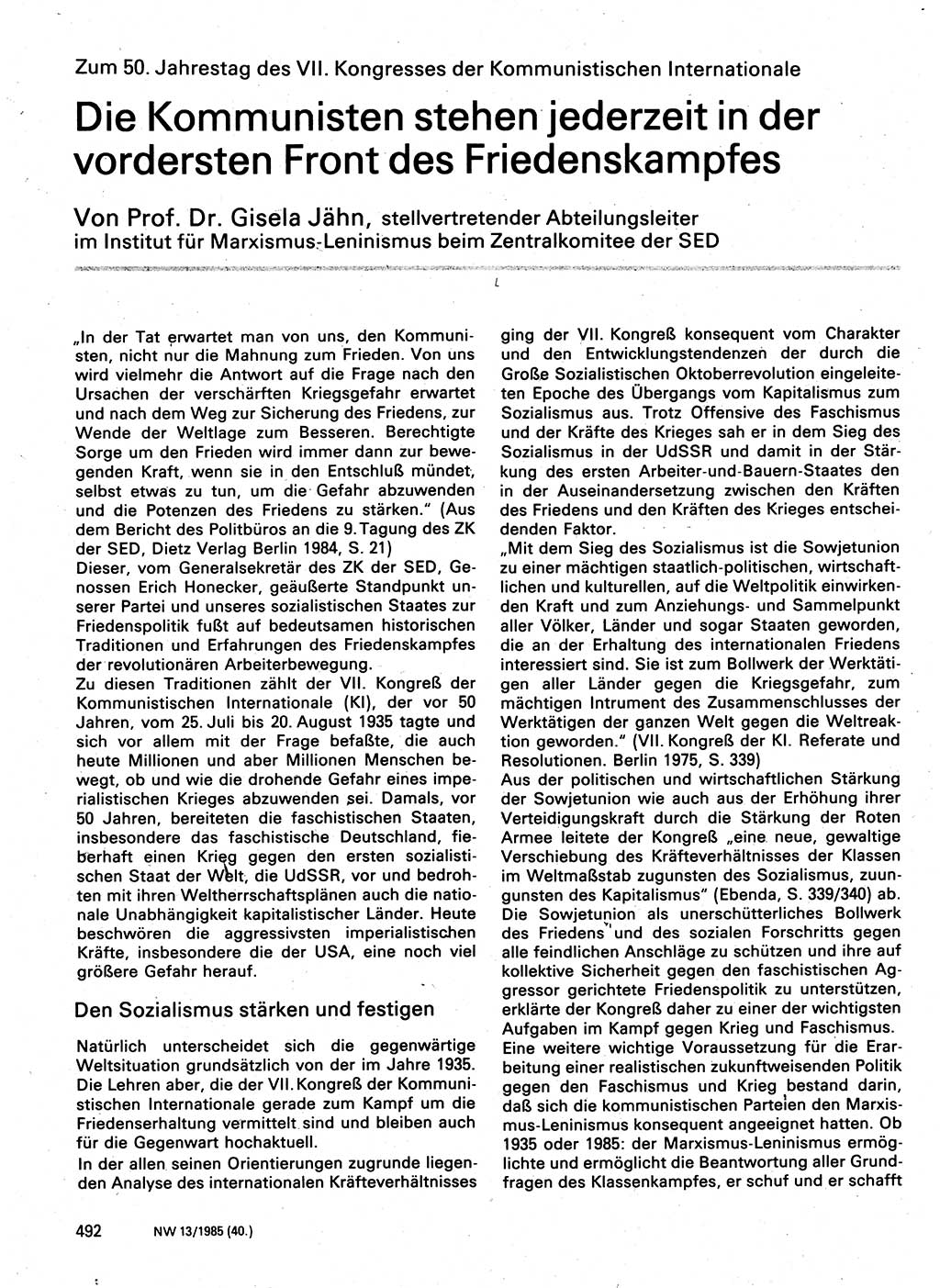 Neuer Weg (NW), Organ des Zentralkomitees (ZK) der SED (Sozialistische Einheitspartei Deutschlands) für Fragen des Parteilebens, 40. Jahrgang [Deutsche Demokratische Republik (DDR)] 1985, Seite 492 (NW ZK SED DDR 1985, S. 492)