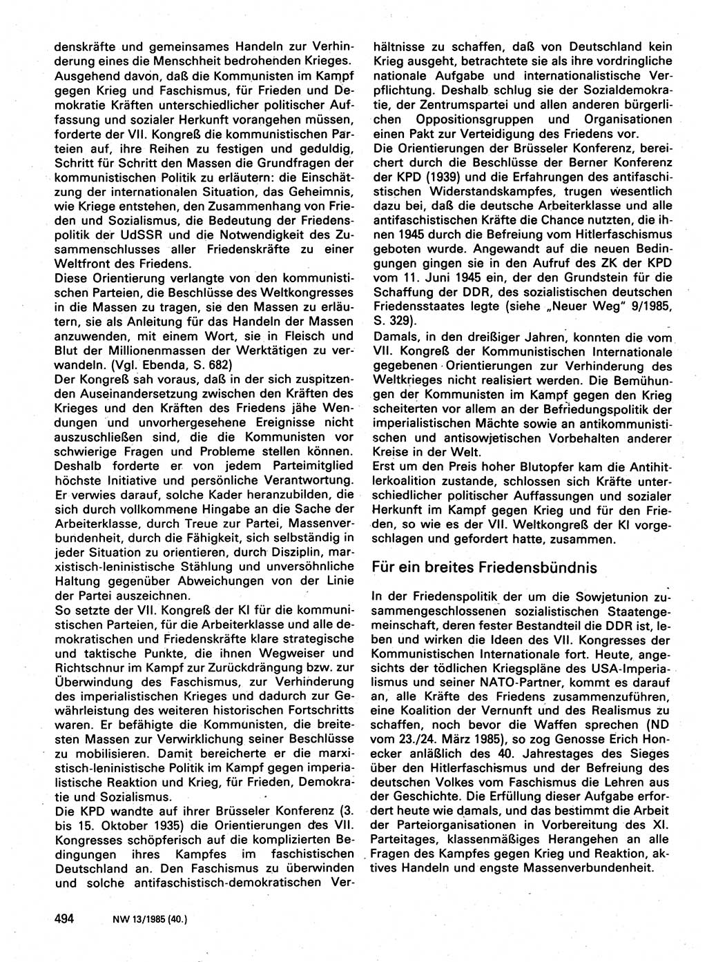 Neuer Weg (NW), Organ des Zentralkomitees (ZK) der SED (Sozialistische Einheitspartei Deutschlands) für Fragen des Parteilebens, 40. Jahrgang [Deutsche Demokratische Republik (DDR)] 1985, Seite 494 (NW ZK SED DDR 1985, S. 494)