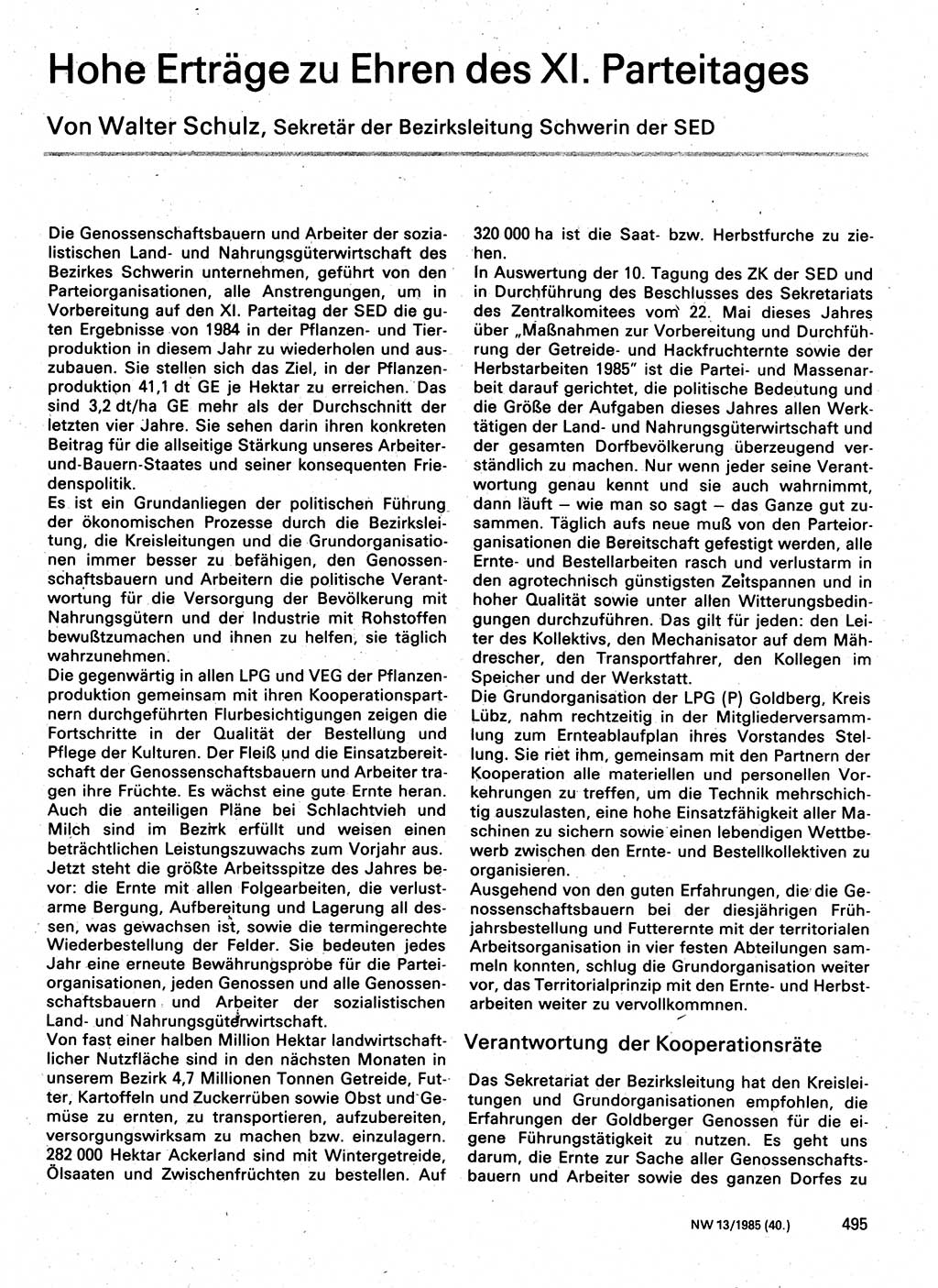 Neuer Weg (NW), Organ des Zentralkomitees (ZK) der SED (Sozialistische Einheitspartei Deutschlands) für Fragen des Parteilebens, 40. Jahrgang [Deutsche Demokratische Republik (DDR)] 1985, Seite 495 (NW ZK SED DDR 1985, S. 495)