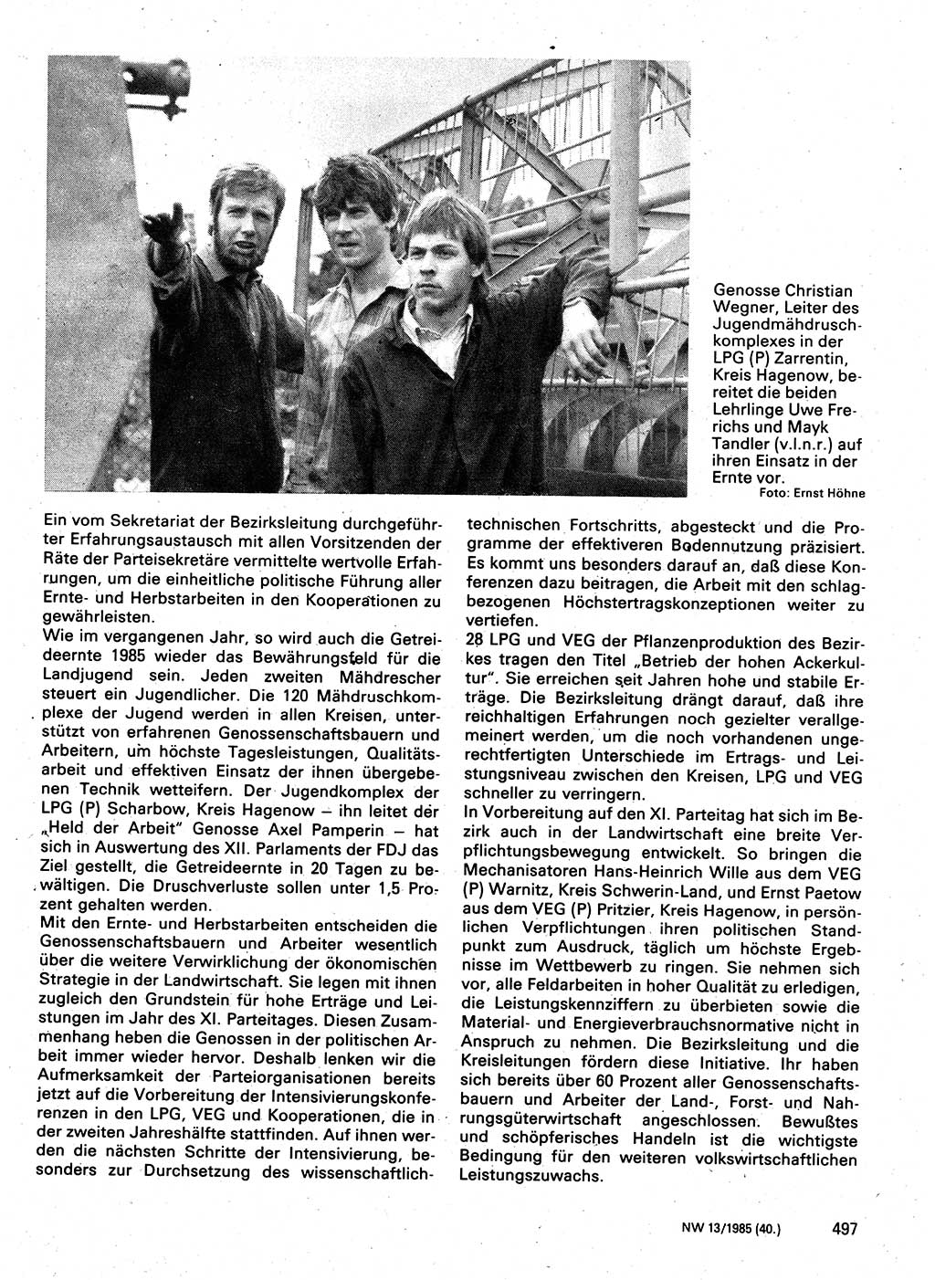 Neuer Weg (NW), Organ des Zentralkomitees (ZK) der SED (Sozialistische Einheitspartei Deutschlands) für Fragen des Parteilebens, 40. Jahrgang [Deutsche Demokratische Republik (DDR)] 1985, Seite 497 (NW ZK SED DDR 1985, S. 497)