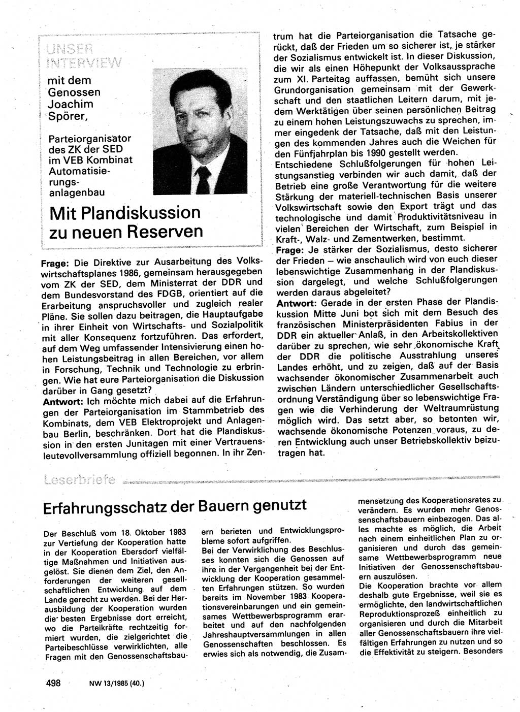 Neuer Weg (NW), Organ des Zentralkomitees (ZK) der SED (Sozialistische Einheitspartei Deutschlands) für Fragen des Parteilebens, 40. Jahrgang [Deutsche Demokratische Republik (DDR)] 1985, Seite 498 (NW ZK SED DDR 1985, S. 498)