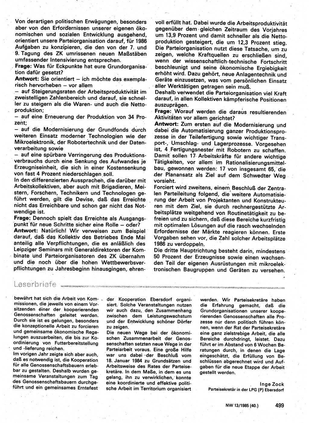 Neuer Weg (NW), Organ des Zentralkomitees (ZK) der SED (Sozialistische Einheitspartei Deutschlands) für Fragen des Parteilebens, 40. Jahrgang [Deutsche Demokratische Republik (DDR)] 1985, Seite 499 (NW ZK SED DDR 1985, S. 499)
