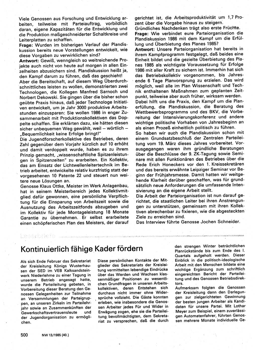 Neuer Weg (NW), Organ des Zentralkomitees (ZK) der SED (Sozialistische Einheitspartei Deutschlands) für Fragen des Parteilebens, 40. Jahrgang [Deutsche Demokratische Republik (DDR)] 1985, Seite 500 (NW ZK SED DDR 1985, S. 500)