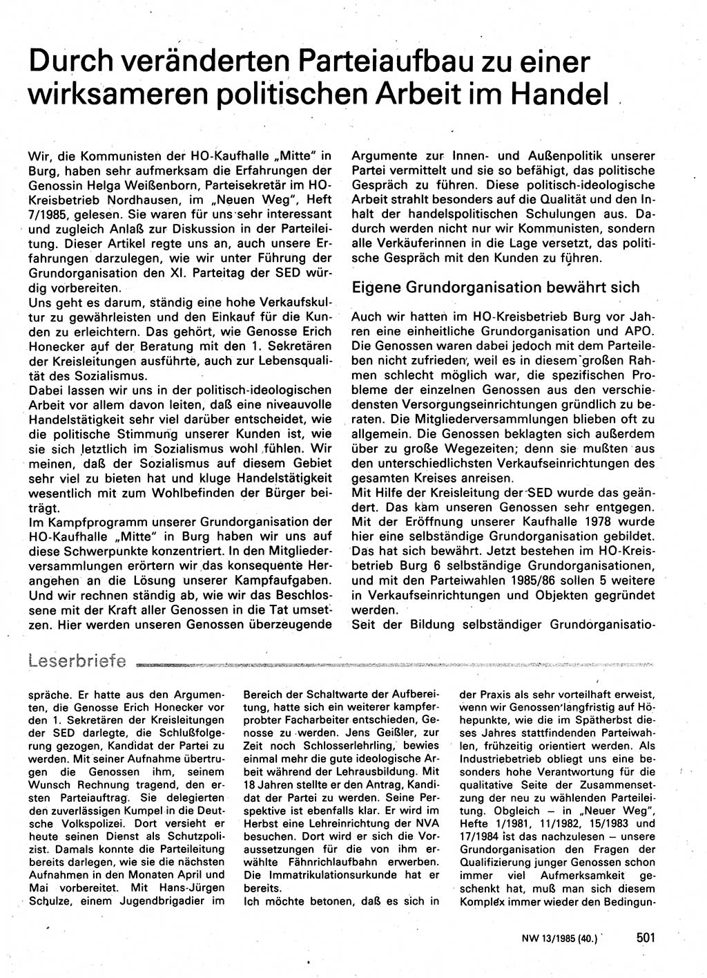 Neuer Weg (NW), Organ des Zentralkomitees (ZK) der SED (Sozialistische Einheitspartei Deutschlands) für Fragen des Parteilebens, 40. Jahrgang [Deutsche Demokratische Republik (DDR)] 1985, Seite 501 (NW ZK SED DDR 1985, S. 501)