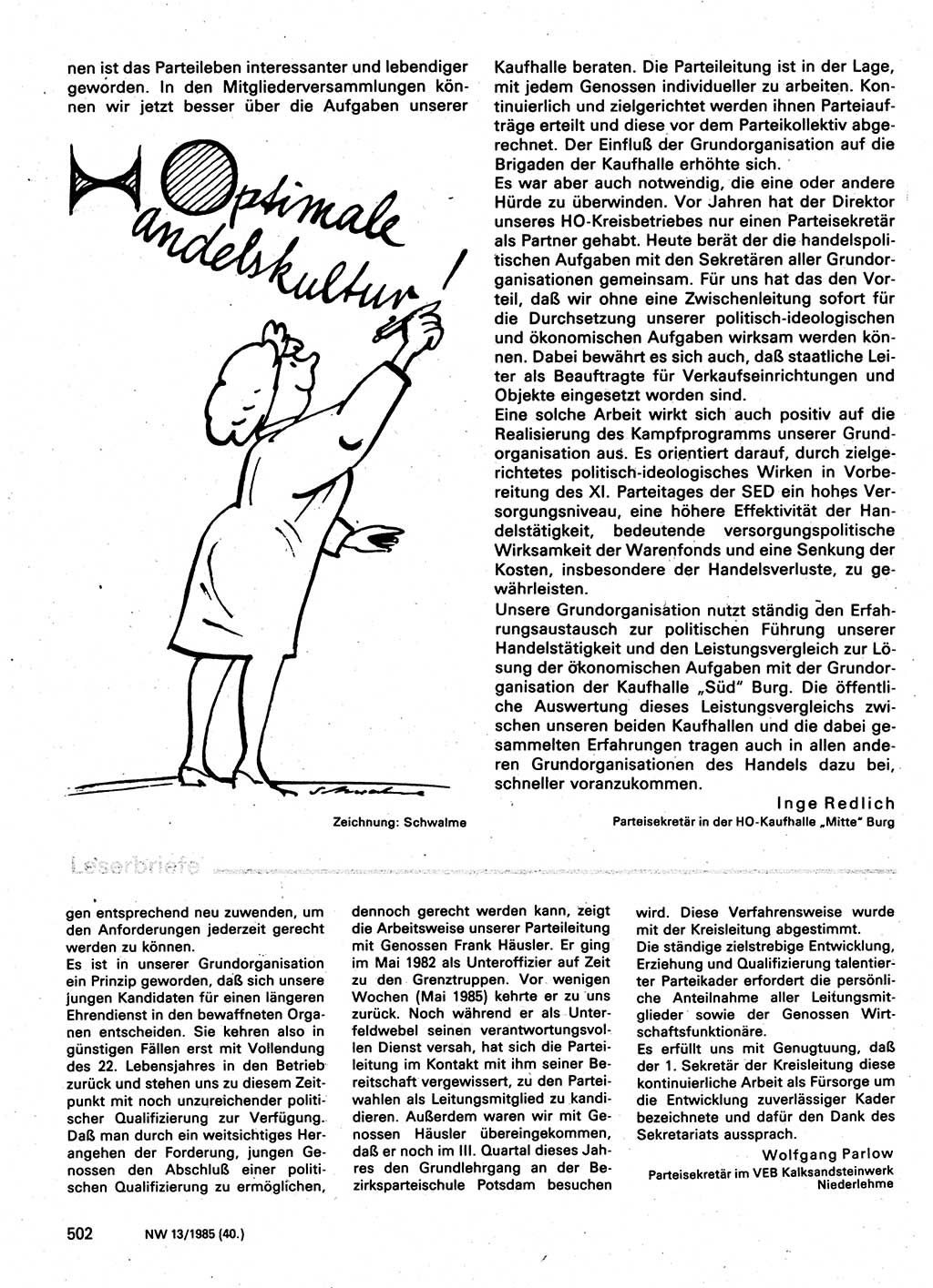 Neuer Weg (NW), Organ des Zentralkomitees (ZK) der SED (Sozialistische Einheitspartei Deutschlands) für Fragen des Parteilebens, 40. Jahrgang [Deutsche Demokratische Republik (DDR)] 1985, Seite 502 (NW ZK SED DDR 1985, S. 502)