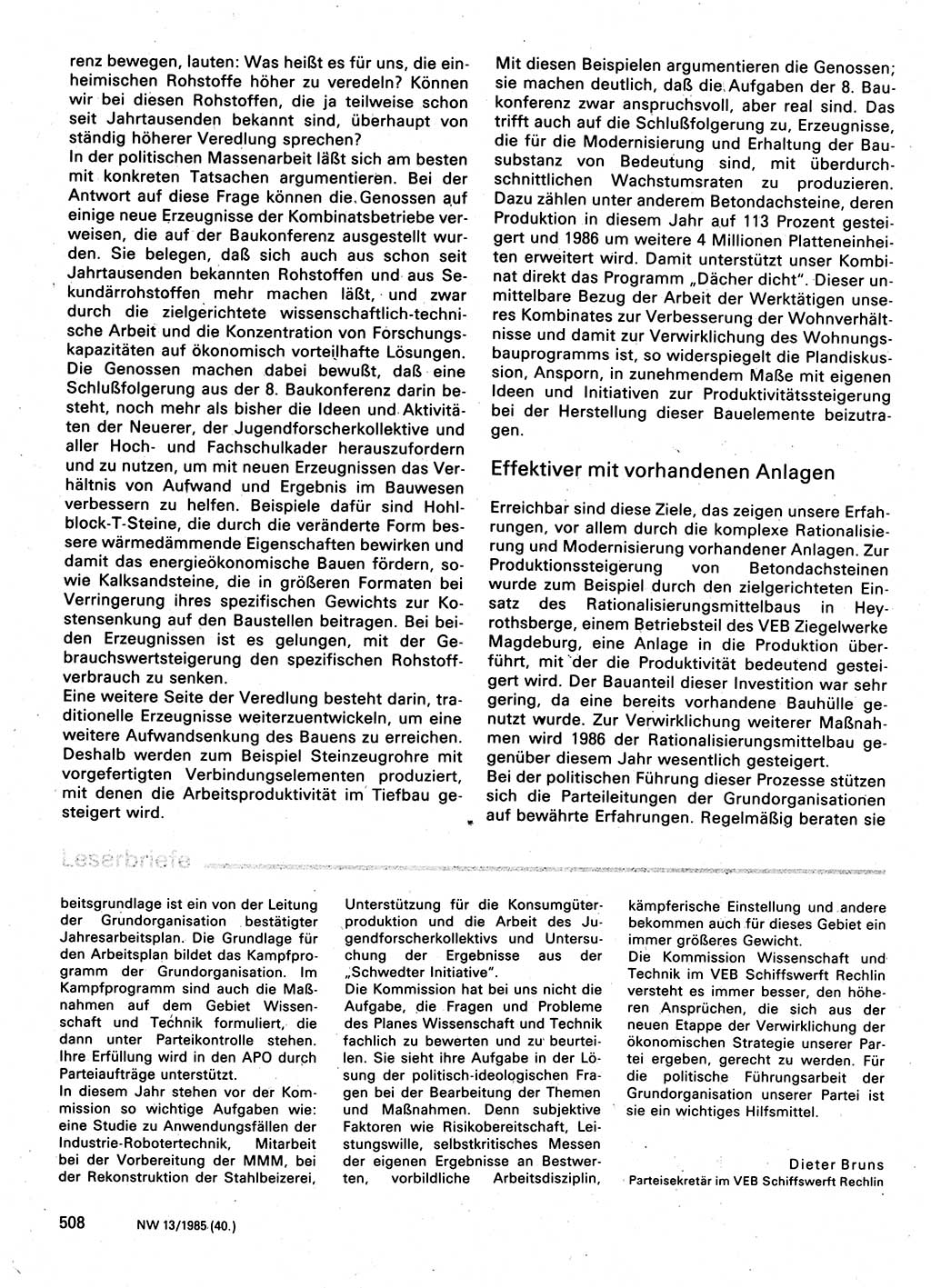 Neuer Weg (NW), Organ des Zentralkomitees (ZK) der SED (Sozialistische Einheitspartei Deutschlands) für Fragen des Parteilebens, 40. Jahrgang [Deutsche Demokratische Republik (DDR)] 1985, Seite 508 (NW ZK SED DDR 1985, S. 508)
