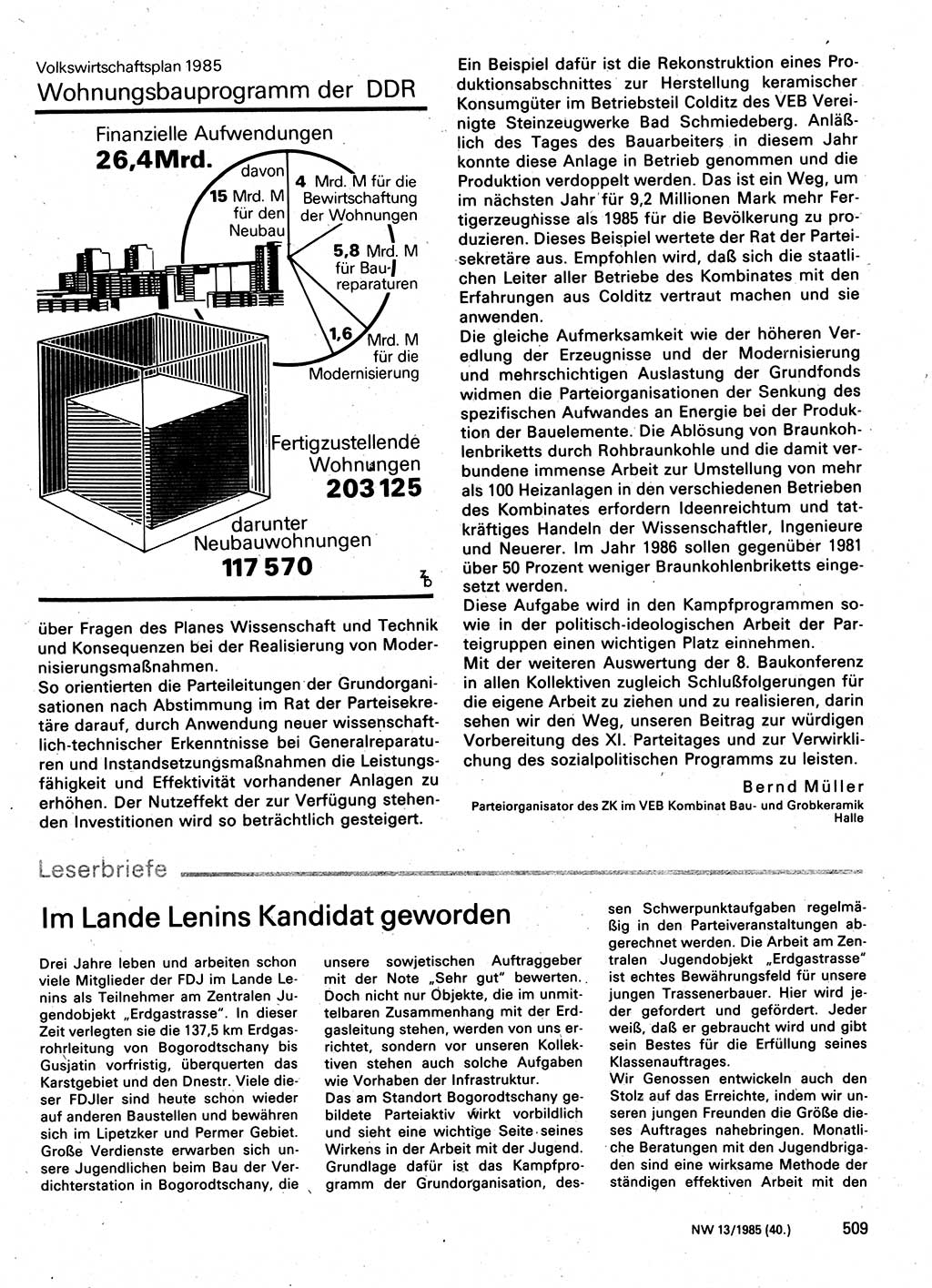 Neuer Weg (NW), Organ des Zentralkomitees (ZK) der SED (Sozialistische Einheitspartei Deutschlands) für Fragen des Parteilebens, 40. Jahrgang [Deutsche Demokratische Republik (DDR)] 1985, Seite 509 (NW ZK SED DDR 1985, S. 509)