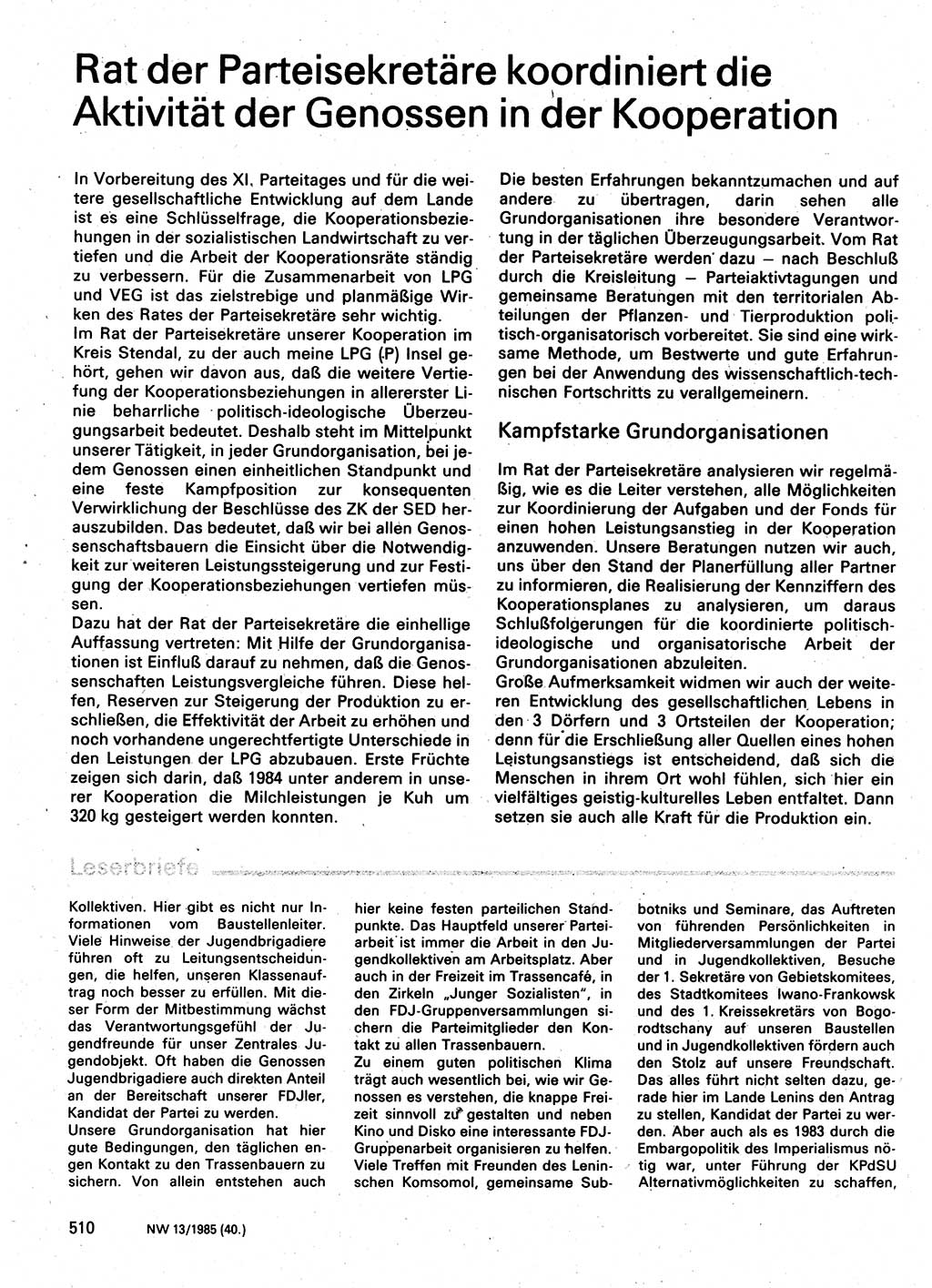 Neuer Weg (NW), Organ des Zentralkomitees (ZK) der SED (Sozialistische Einheitspartei Deutschlands) für Fragen des Parteilebens, 40. Jahrgang [Deutsche Demokratische Republik (DDR)] 1985, Seite 510 (NW ZK SED DDR 1985, S. 510)