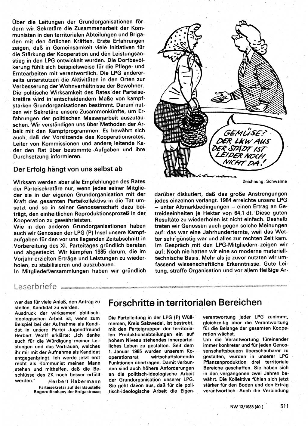 Neuer Weg (NW), Organ des Zentralkomitees (ZK) der SED (Sozialistische Einheitspartei Deutschlands) für Fragen des Parteilebens, 40. Jahrgang [Deutsche Demokratische Republik (DDR)] 1985, Seite 511 (NW ZK SED DDR 1985, S. 511)