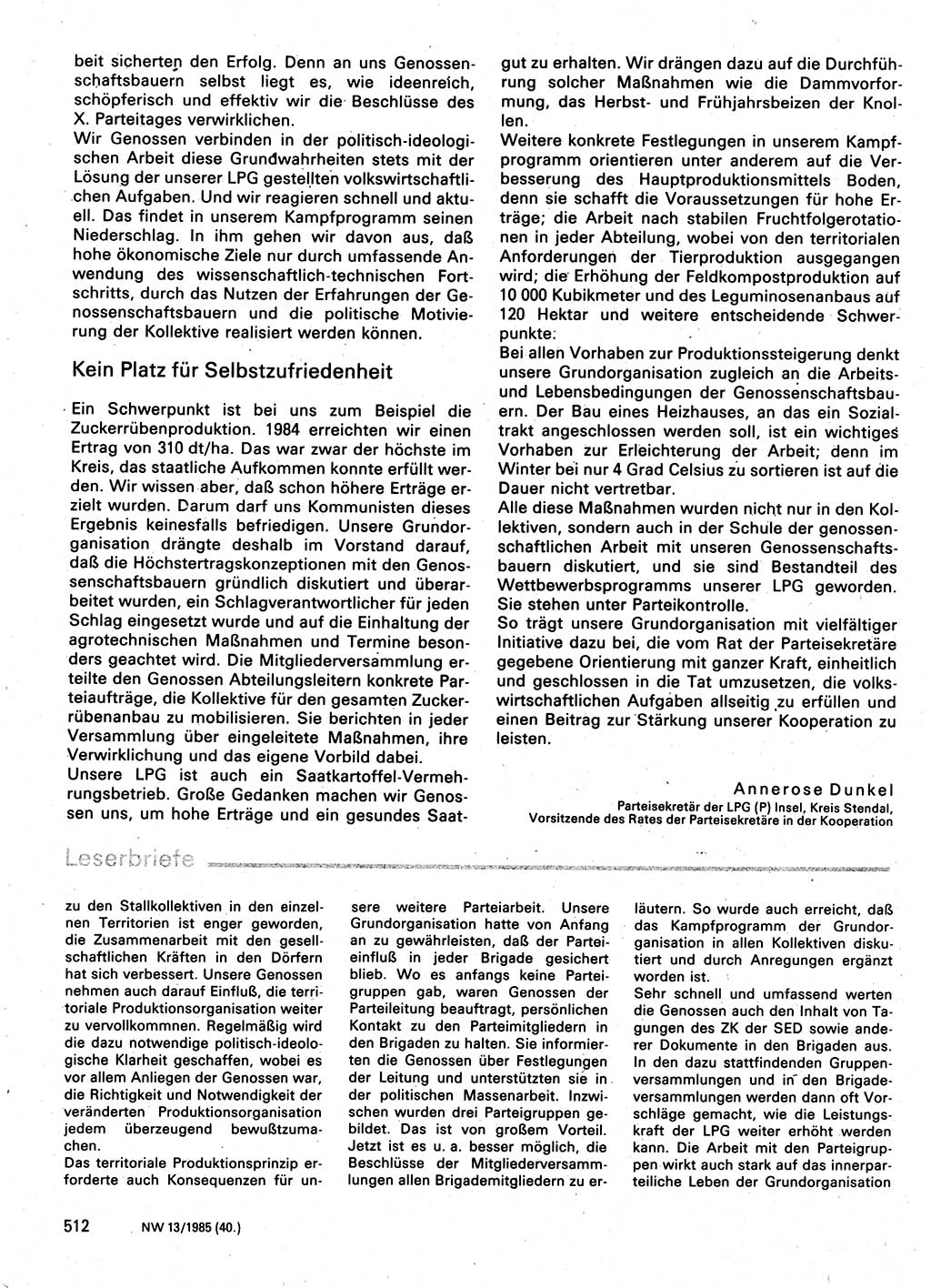 Neuer Weg (NW), Organ des Zentralkomitees (ZK) der SED (Sozialistische Einheitspartei Deutschlands) für Fragen des Parteilebens, 40. Jahrgang [Deutsche Demokratische Republik (DDR)] 1985, Seite 512 (NW ZK SED DDR 1985, S. 512)