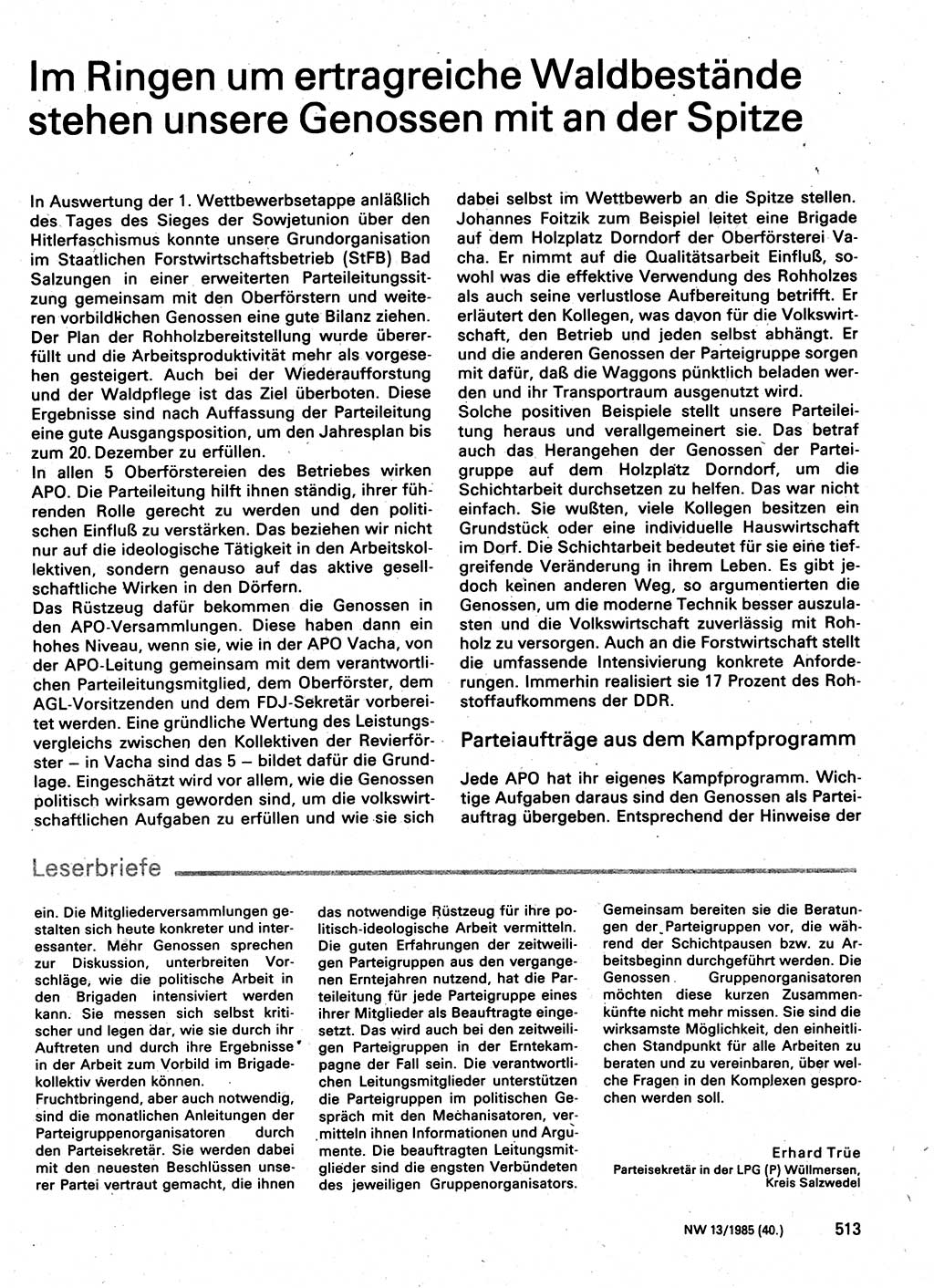 Neuer Weg (NW), Organ des Zentralkomitees (ZK) der SED (Sozialistische Einheitspartei Deutschlands) für Fragen des Parteilebens, 40. Jahrgang [Deutsche Demokratische Republik (DDR)] 1985, Seite 513 (NW ZK SED DDR 1985, S. 513)