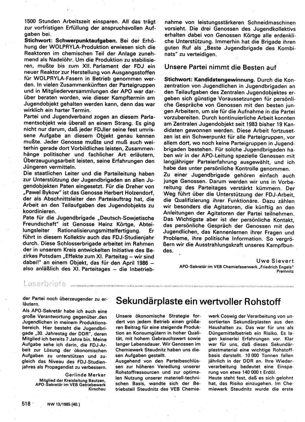 Neuer Weg (NW), Organ des Zentralkomitees (ZK) der SED (Sozialistische Einheitspartei Deutschlands) für Fragen des Parteilebens, 40. Jahrgang [Deutsche Demokratische Republik (DDR)] 1985, Seite 518 (NW ZK SED DDR 1985, S. 518)